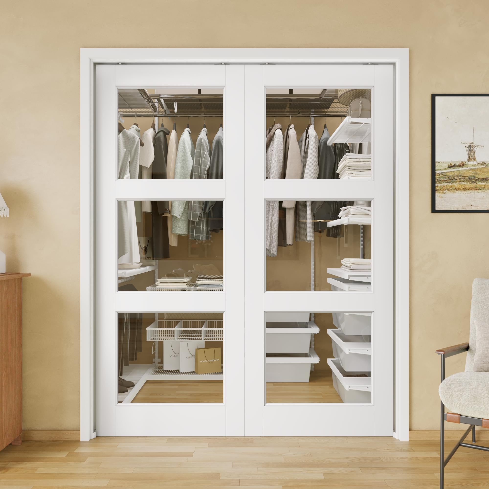 64x80 Double Glass Pocket Door,3-Lite Clear Glass Door,Sliding French Doors
