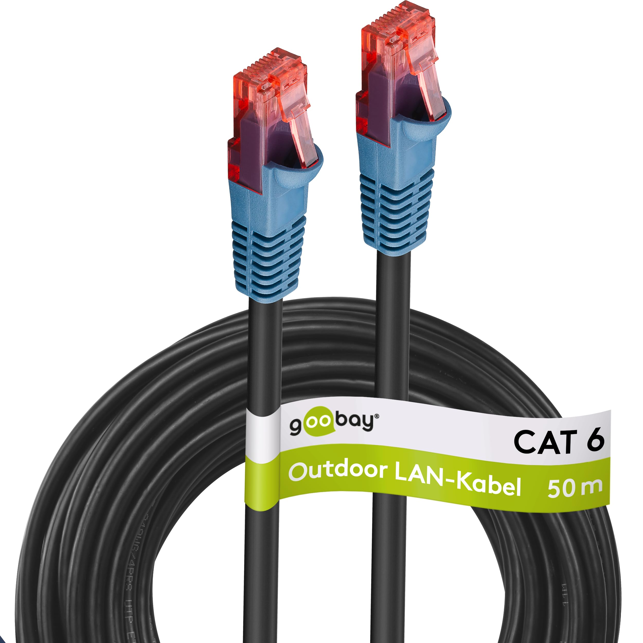 goobay 94395 Outdoor Patchkabel CAT 6 Kabel / 2fach PE Mantel Wasserdicht / RJ45 Stecker Ethernet Kabel / Außenbereich Netzwerkkabel 50m / Schwarz / LAN Kabel 50m