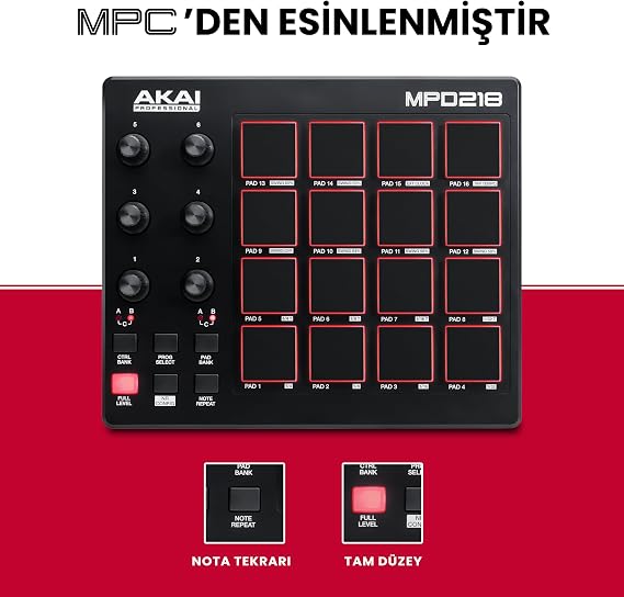 Akai Professional MPD218 - USB MIDI Pad Controller and Drum Machine, MPC Pads, Assignable Buttons, Note Repetition and Maximum Volume Buttons, Production Software Included