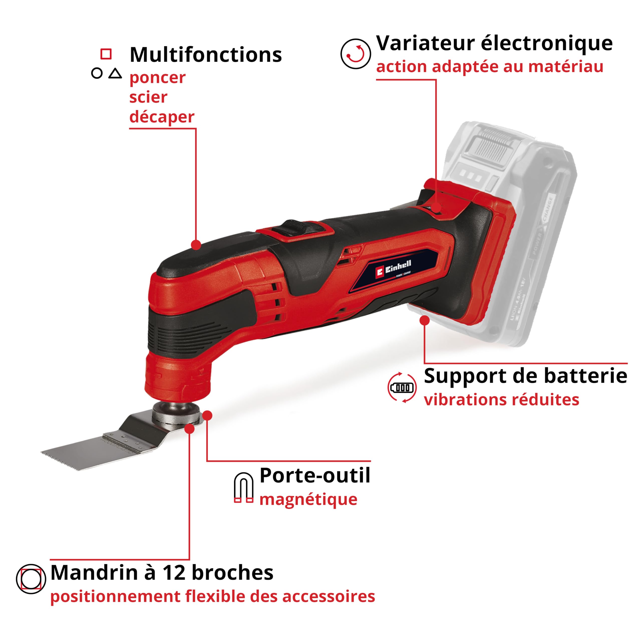 Einhell Outil multifonction sans fil TC-MG 18 Li - Solo Power X-Change (18V, 11000-20000 min.-1, porte-outil réglable en 12 directions) Livré sans Batterie ni Chargeur