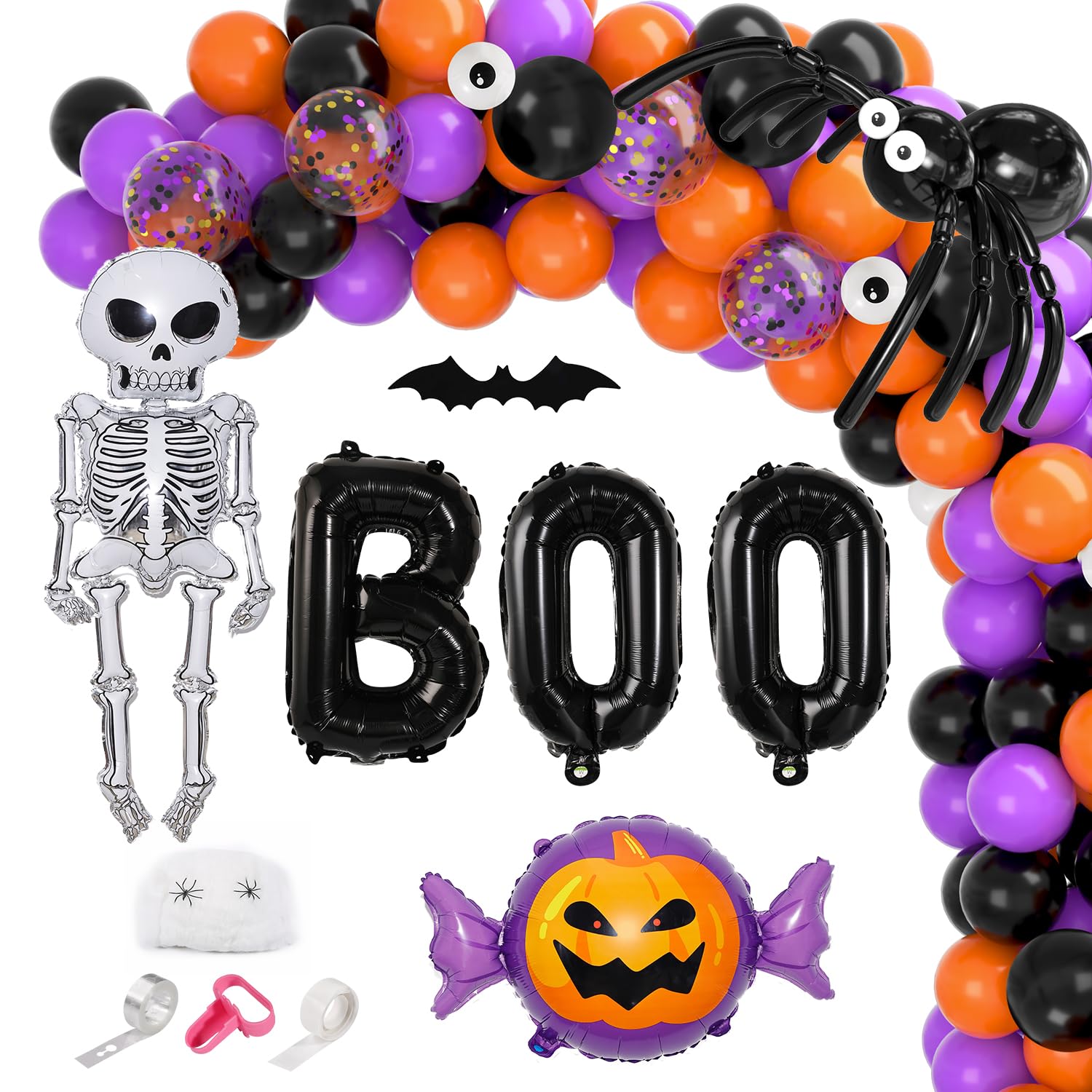 Garma Halloween Balloons Garland Arch Kit, 129pcs Black Orange Purple Balloon Decorations with Confetti Balloon Pumpkin Skeleton BOO Foil Balloons for