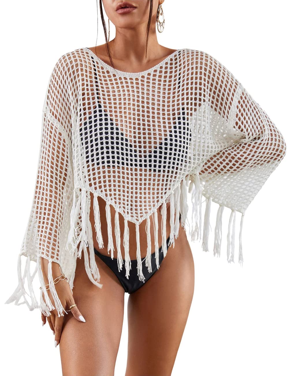 Bsubseach Camisa Corta de Punto Recortado con Borlas Cubierta Bañador Crochet Cover Up de Playa para Mujer