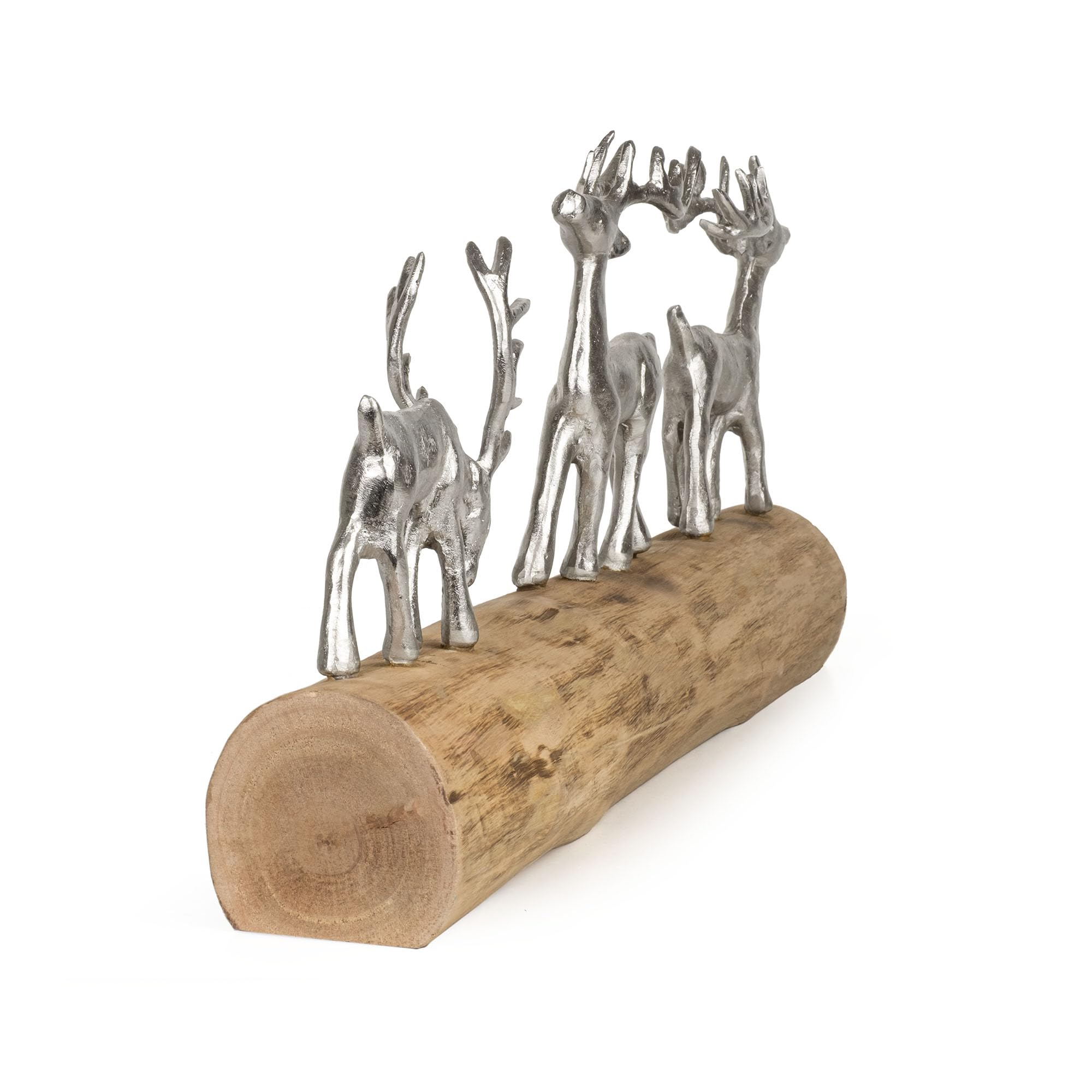 Moritz Weihnachtsdeko Rentiere auf Holzstamm 57 cm handgefertigte Figur aus Aluminium und Mangoholz mit DREI silbernen Hirschen winterliche Dekoration für Fensterbank, Kamin oder Kommode
