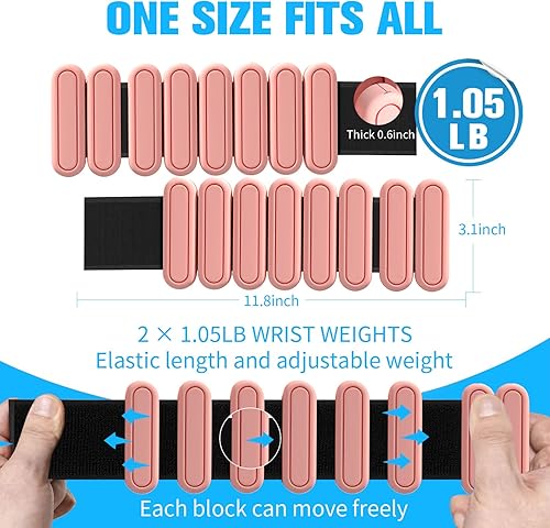 Miniatura 2 de Pesas ajustables para muñeca y tobillo para hombres y mujeres, juego de 2 (1 libra cada uno), brazaletes de silicona, pesas de resistencia al