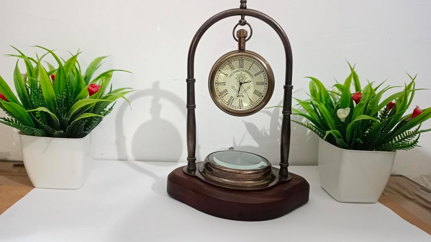 Antique Brass Desk Clock with Compass, Victoria London 1876 Analog Vintage Table Clock on Wooden Base