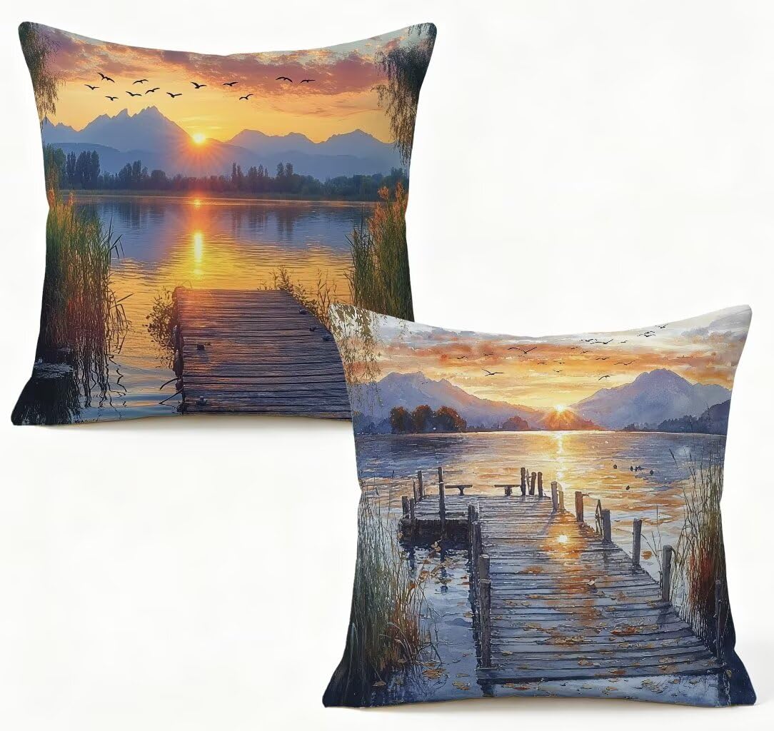 Taie oreiller lac décoration chambre en lin premium avec impression recto-verso HD