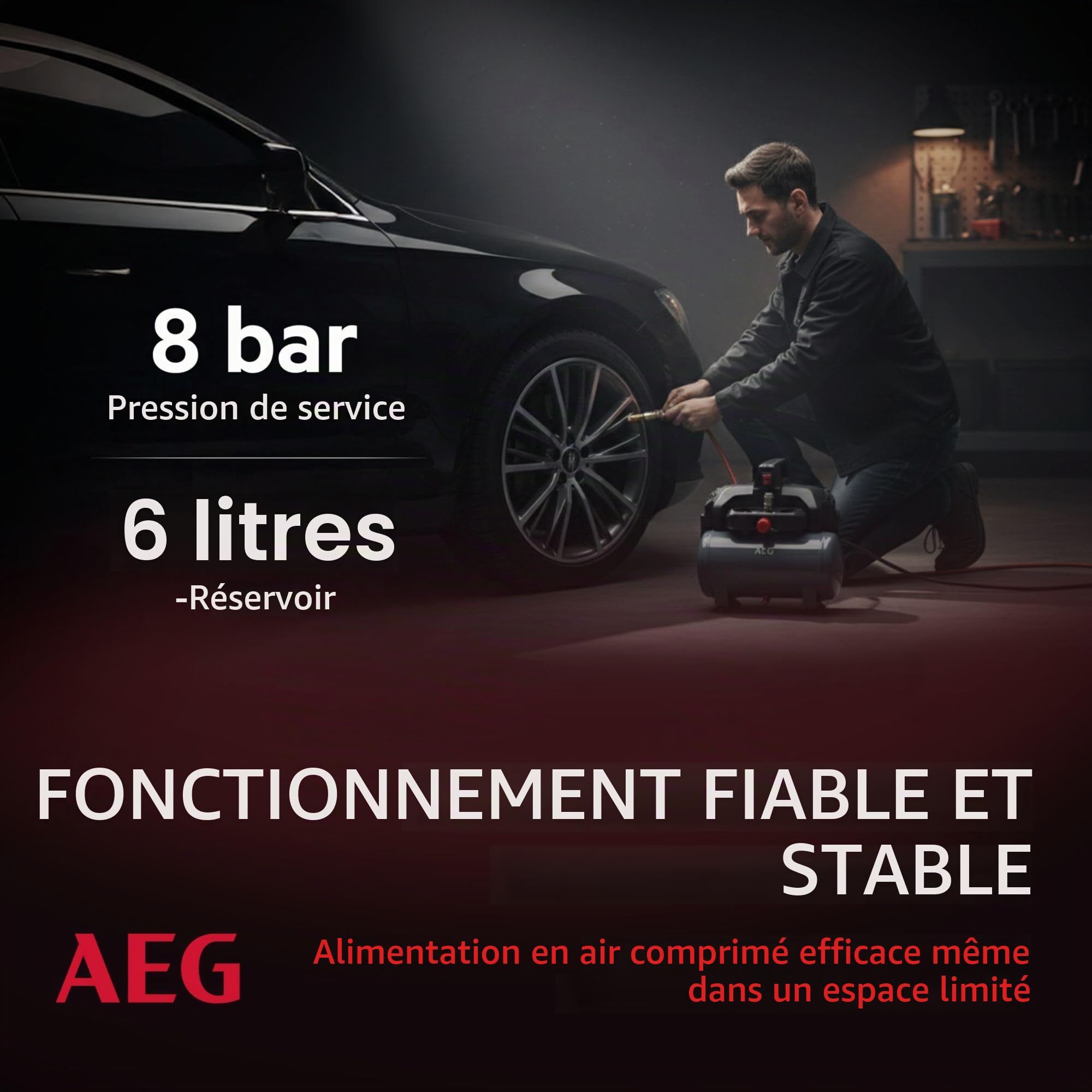 AEG KL6 Compresseur d'air comprimé silencieux et puissant pour atelier, maison, loisirs, polyvalent, sans entretien, sans huile, 56 dB, puissance du moteur 1,5 CV, réservoir 6 l, 8 bar, 206 l/min