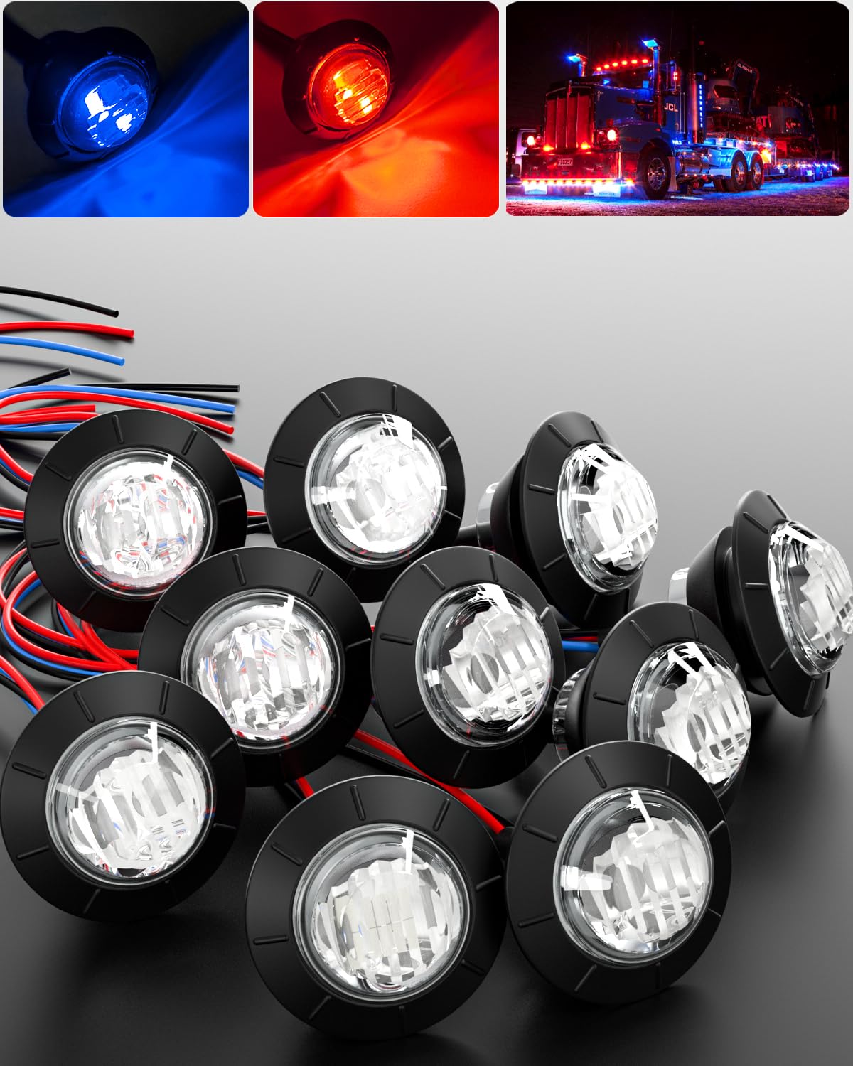 BJZ 3/4" Round Trailer Marker LED Lights Red to Blue Dual Color Side Clearance Tail Brake Stop Grille Bumper Underglow Bullet Indicator Light w/Clear Lens for Trailer Truck Van RV ATV Bus, 10Pcs