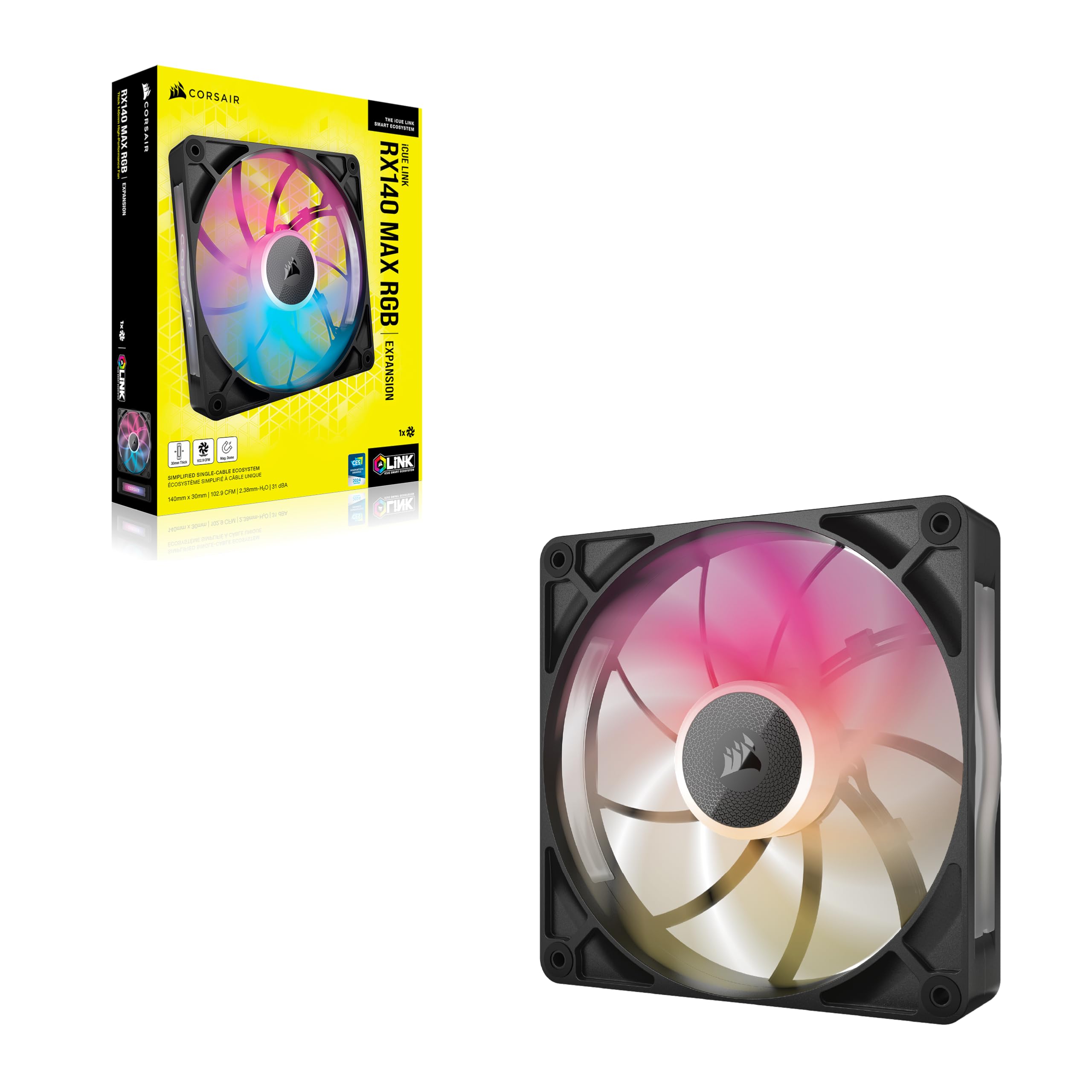 CORSAIR iCUE Link RX140 Max RGB 140mm PWM Ventilateur Épais – Pression Statique Élevée – Palier à Dôme Magnétique – Ventilateur Unique – Noir