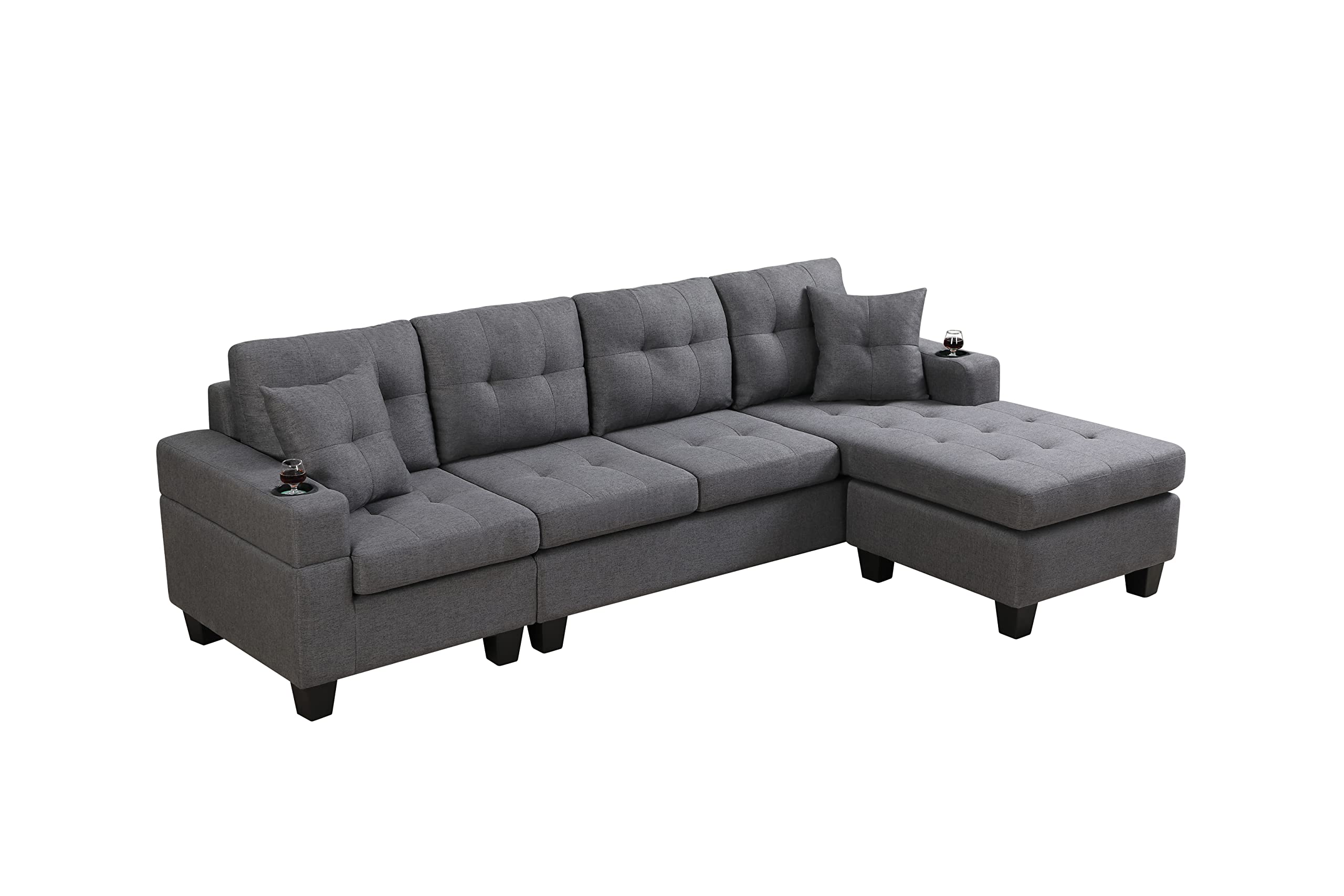 BIADNBZ Modern Sectional Sofa with Reversible Chaise Lounge and Two Cupholders, L-Shaped Couch with 2 Pillows for Living Room Apartment, Gray