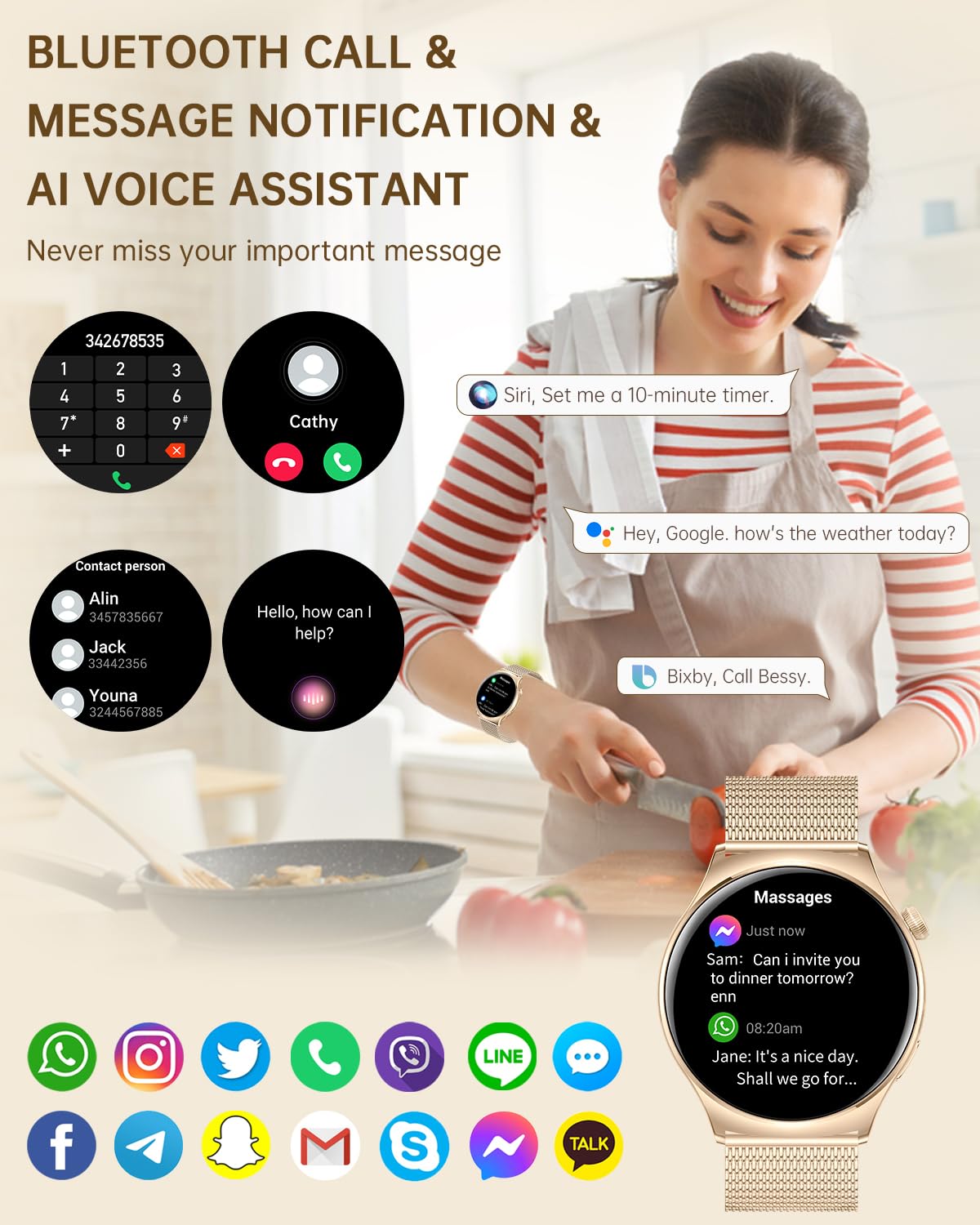 Inteligentny zegarek damski Połączenia/powiadomienia dla iOS Android Czarny