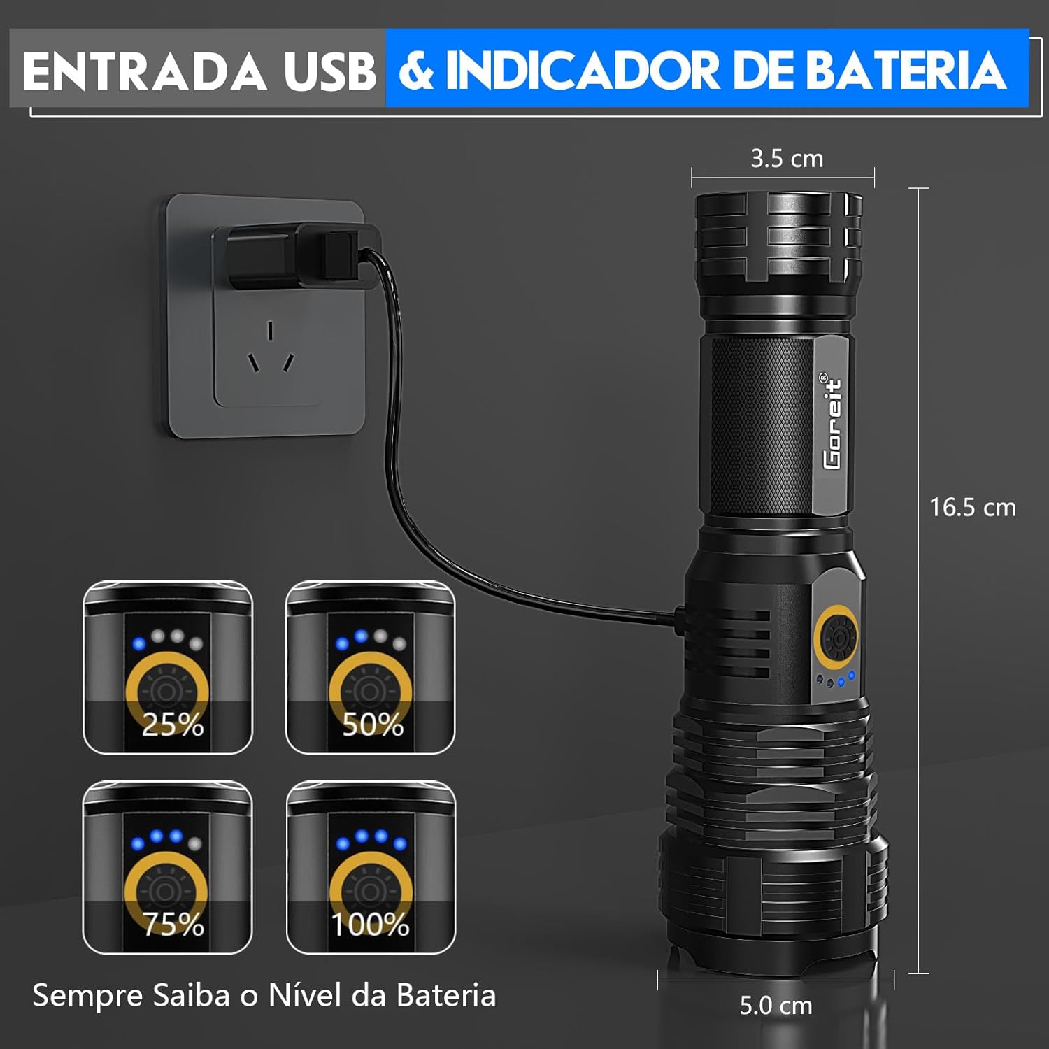 Imagem da lanterna com fundo cinza liso.