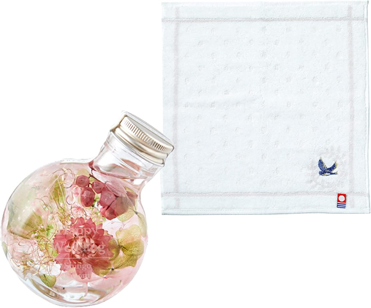 名入れ無料 ハーバリウム 丸猫瓶 イニシャル刺繍 ピンクフラワーイニシャルr 今治ハンカチ セット イニシャル 今治タオル 公式 女性 プレゼント 名前入り ギフト