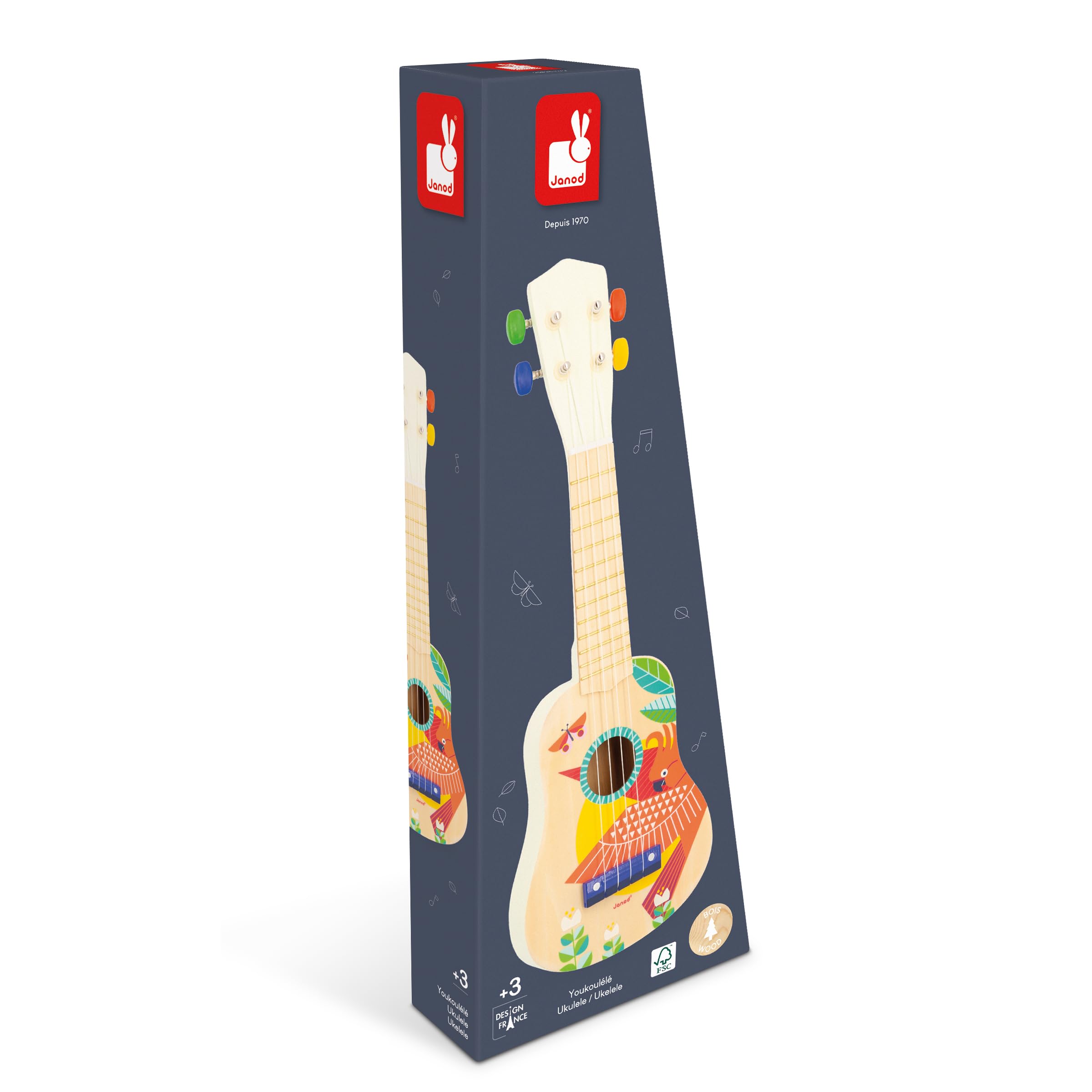 Janod - Ukelele de Madera Gioia - Instrumento Musical Infantil - Juguete de Imitación y Estímulo Musical - Pintura al Agua - A Partir de 3 Años, J07652