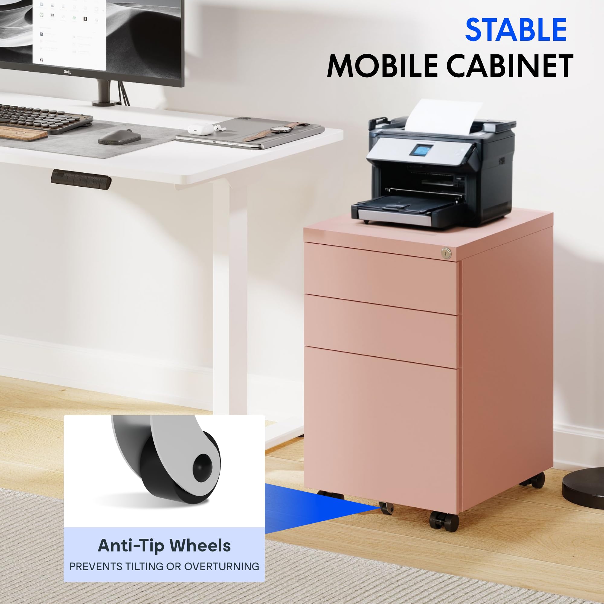 FlexiSpot schedario con 3 cassetti, cassettiera da ufficio rosa con ruote, armadietto con serratura e sistema anti-ribaltamento, mobiletto porta documenti per casa e ufficio