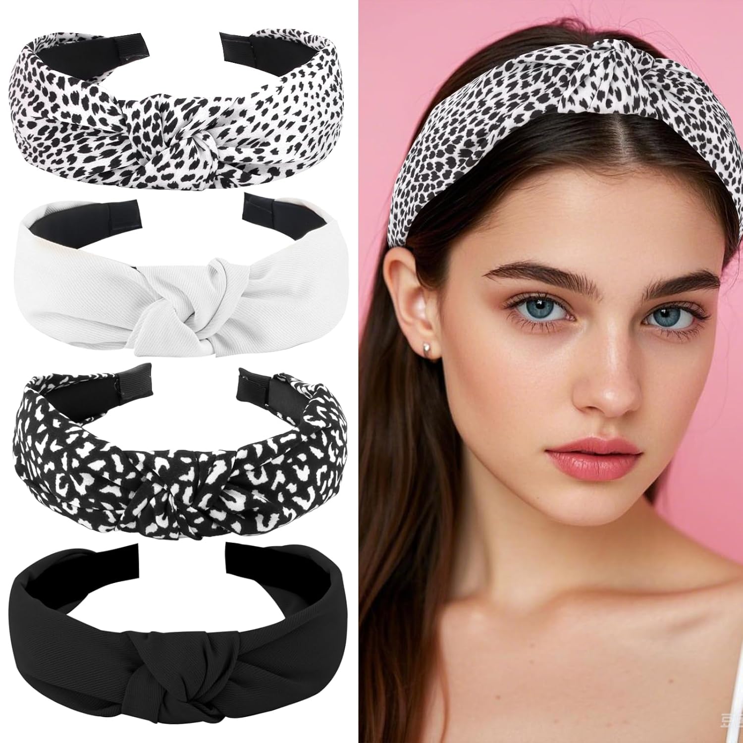 Knotted Headbands for Women Girls 4Pcs White Black Leopard Print Headband Cute Fashion Wide Headbands for Women Non Slip Hairbands Head Bands for Women's Hair Accessories