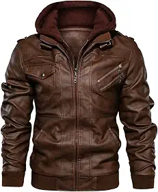 WSLCN Jaqueta Masculina de Couro Sintético Casual Jaqueta de Motocicleta com Capuz Removível
