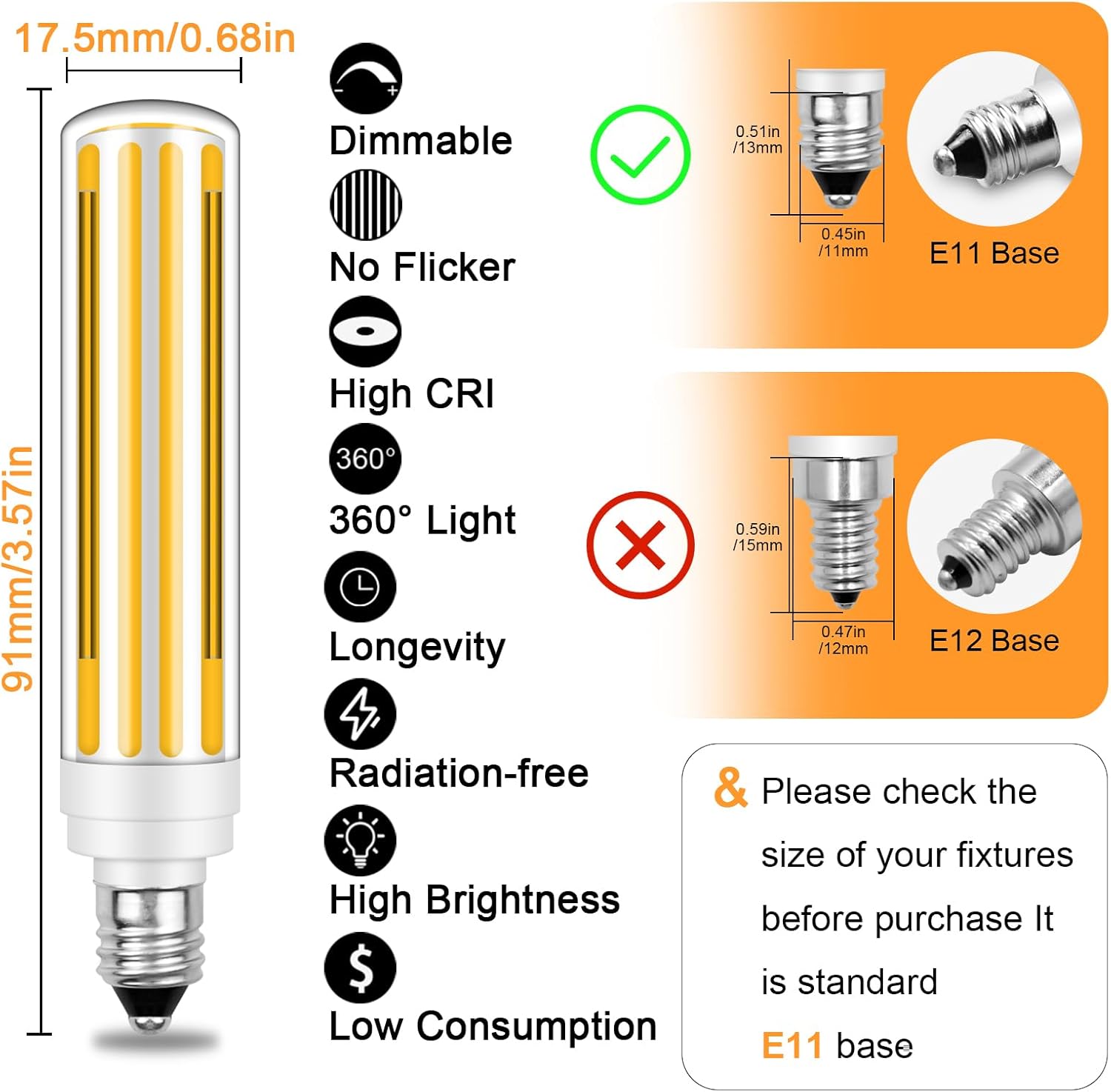 E11 LED Bulb 100W 120W 150W Halogen Equivalent, 120V 10W 1300LM Soft White 2700K, Dimmable T3 T4 COB Mini Candelabra Base, JDE11 for Chandeliers, Ceiling Fans, Cabinet Lighting