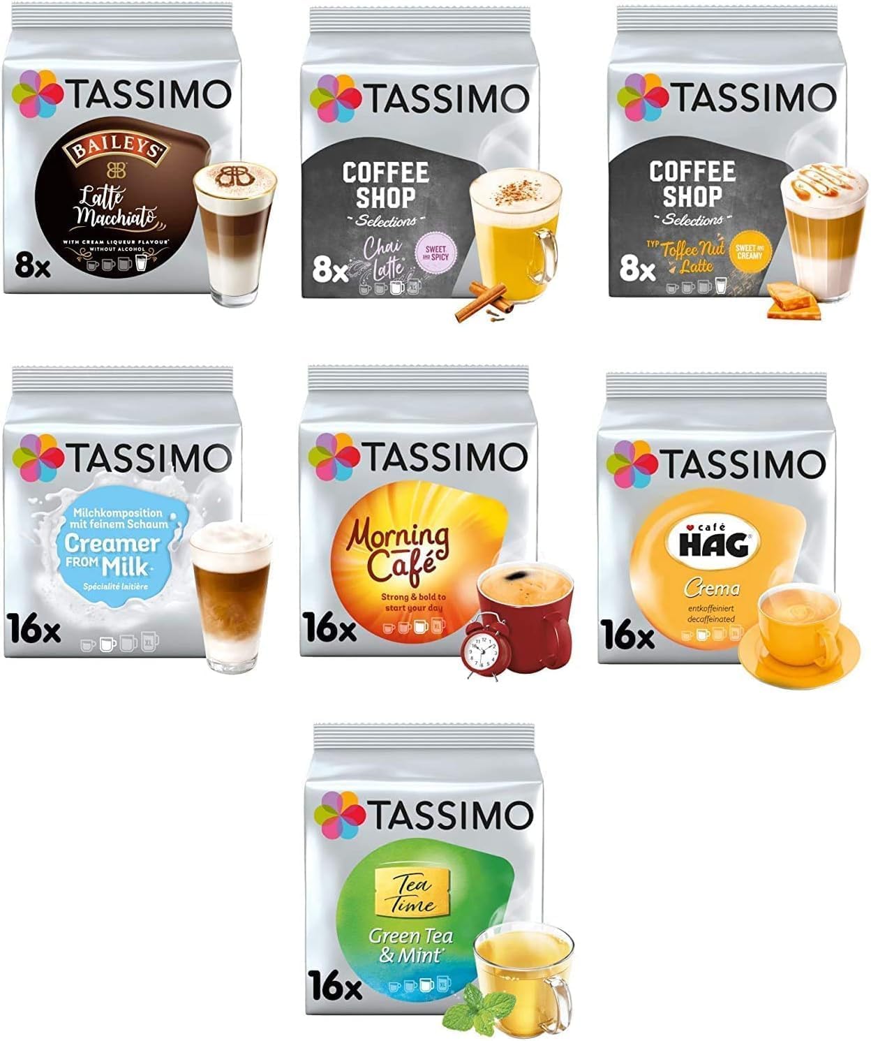 Tassimo Coffee, Tea, Chocolate Pods. Pick Any 3 Packs from 50+ Blends Including Kenco, Costa, Jacobs, Hot Chocolate, Chai latte, Baileys, Cadbury, Milka, Oreo, Cafe Hag and More.