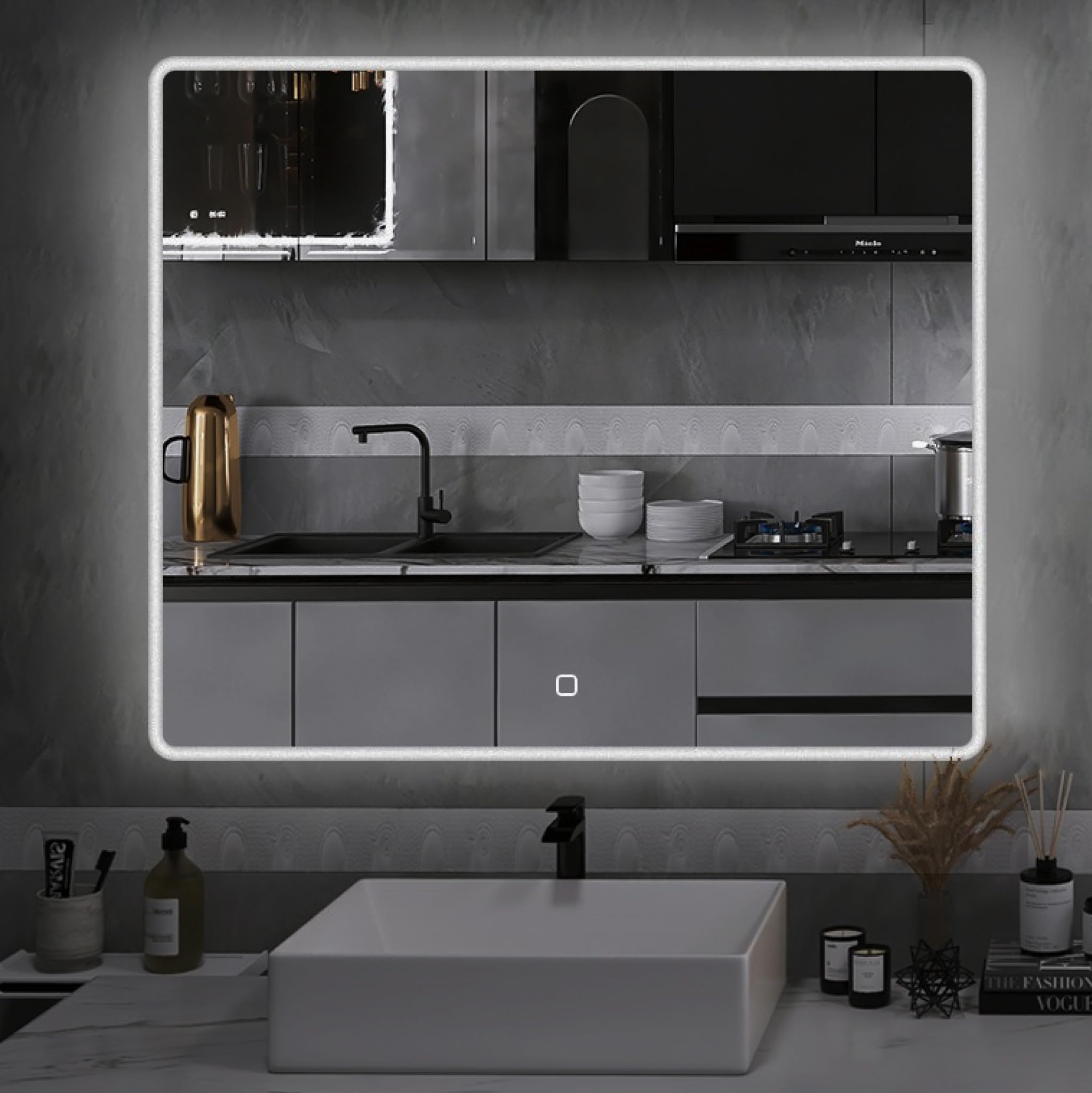 UBUD Espejo de Baño LED con Antivaho Inteligente, 60x70 cm, Regulación de Intensidad, Control Táctil, Instalación Horizontal y Vertical, Ideal para Maquillaje y Afeitado