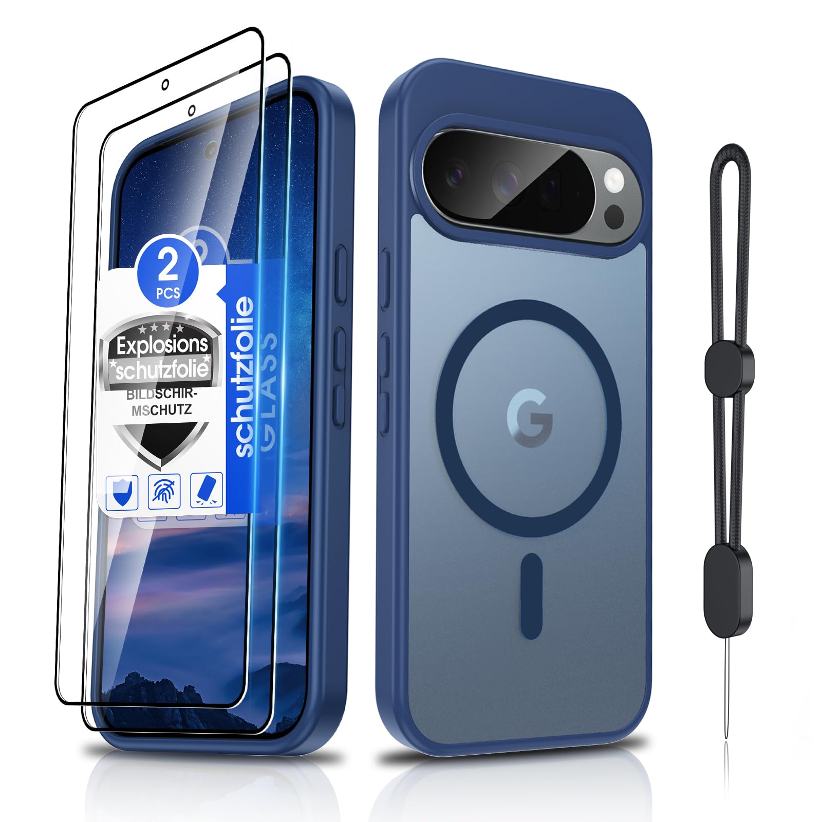 Dizn Handyhülle für Google Pixel 10 Pro XL 2025: für MagSafe, 2 Displayschutz Folie,Matt Translucent Handy Hülle mit Handschlaufe,Militär-Protection,Dünn Schutzhülle Pixel 10Pro XL,Blau