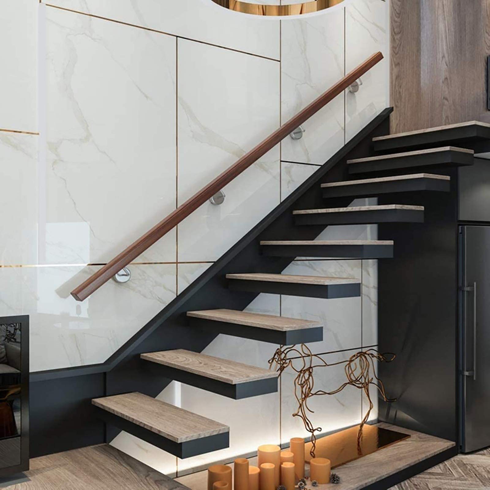 Rampe d'escalier en bois antidérapante pour sécuriser un couloir mural intérieur de 9ft