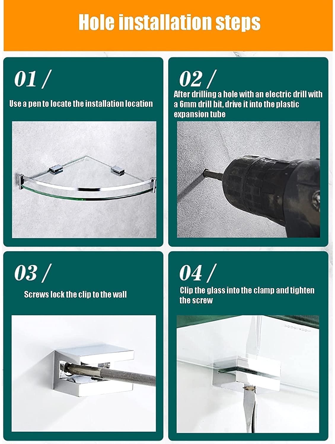 Estante de Vidrio esquinero para baño, Estante de Vidrio Templado con perforación montado en la Pared, para baño, Dormitorio, Estante de Ducha de Oficina con barandilla, Plateado, 20 cm
