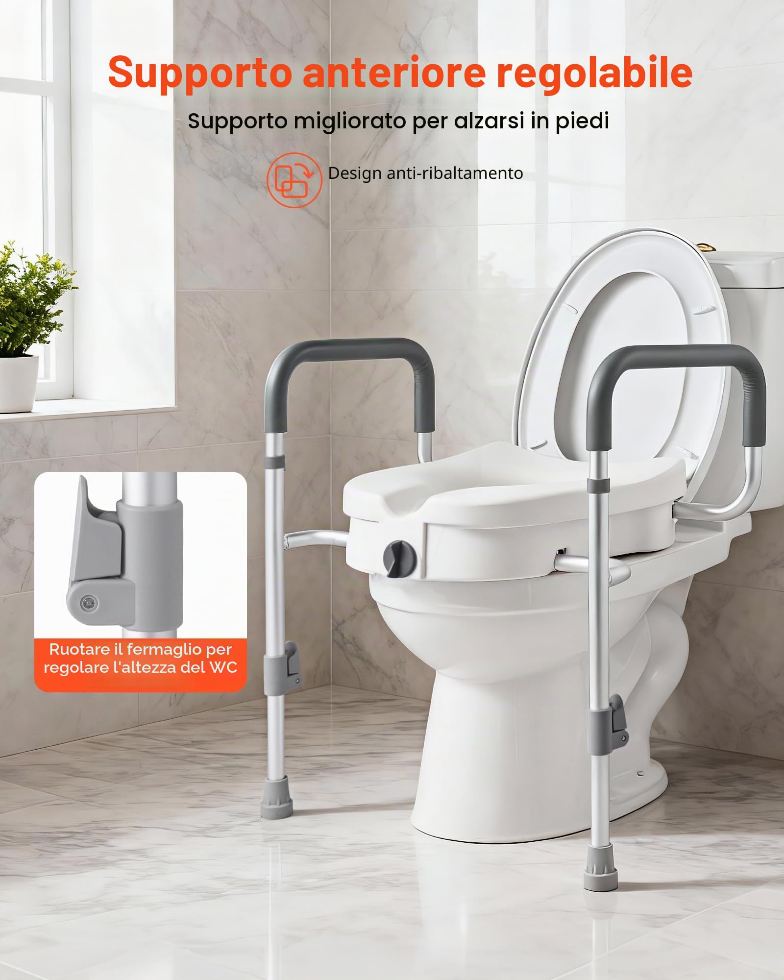 VEVOR Sedile sollevabili di ausilio mobilità con braccioli, capacità di carico di 159 kg, altezza di sollevamento di 127 mm e telaio in alluminio, sedile WC rialzato per anziani e adulti disabili