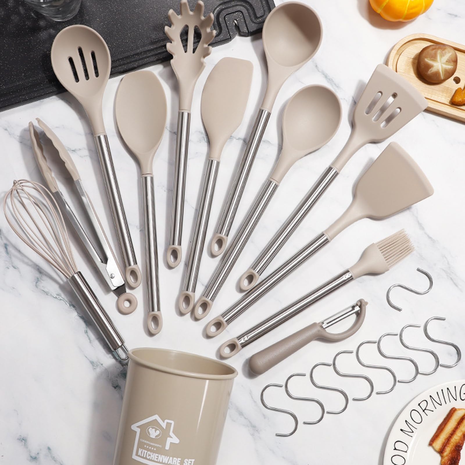 Set di Utensili da Cucina in Silicone, Set di Utensili da Cucina da 47 Pezzi con Supporto, Set di spatole con Manico in Acciaio Inossidabile, Utensili da Cucina per Cucinare,Cachi