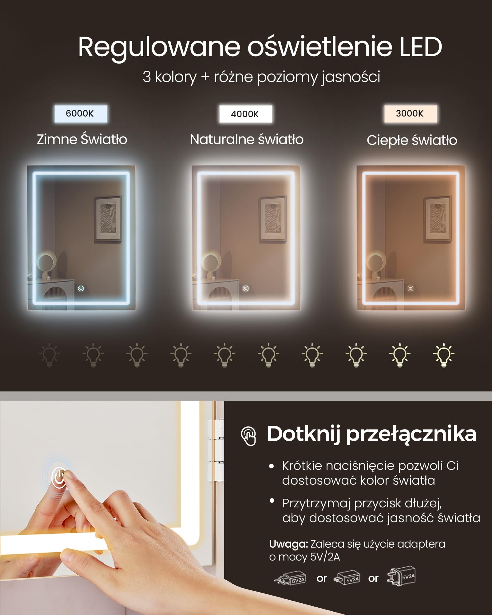 VASAGLE Kolekcja KAILYN - Toaletka z oświetleniem LED, 40 x 118,3 x 145 cm, toaletka z lustrem, toaletka kosmetyczna z szufladami, regulowane półki, nowoczesna, kolor biały chmurowy RDT624WB01