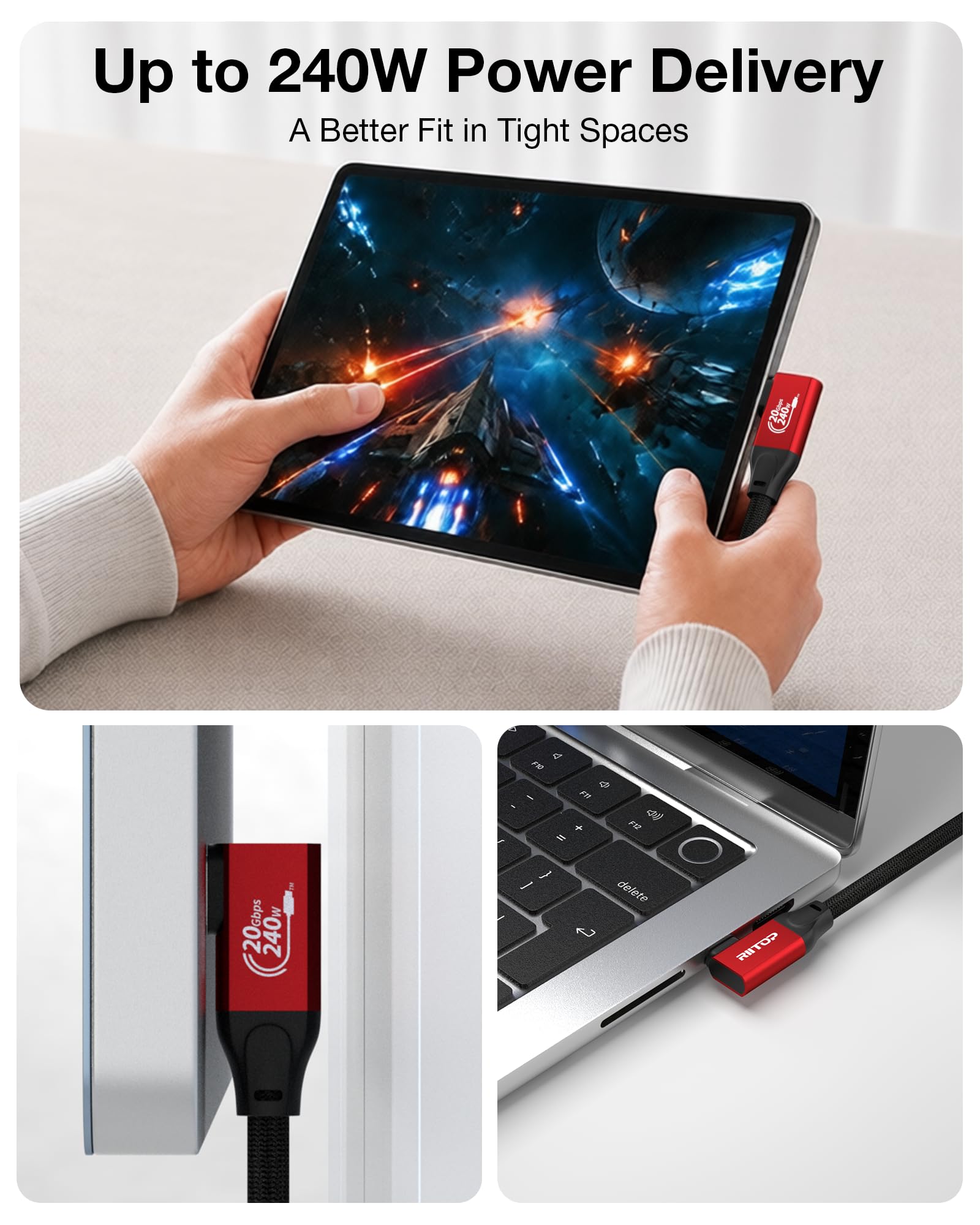 RIITOP Cable largo USB C a USB C [14.8 pies] 20 Gbps/240 W/ángulo recto