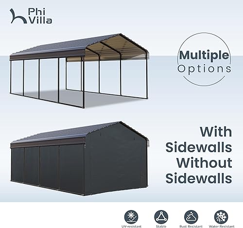 Miniatura 9 de PHI VILLA Cochera metálica de 12 x 20 pies con techo de acero galvanizado, cochera de metal resistente resistente para automóviles, barcos y