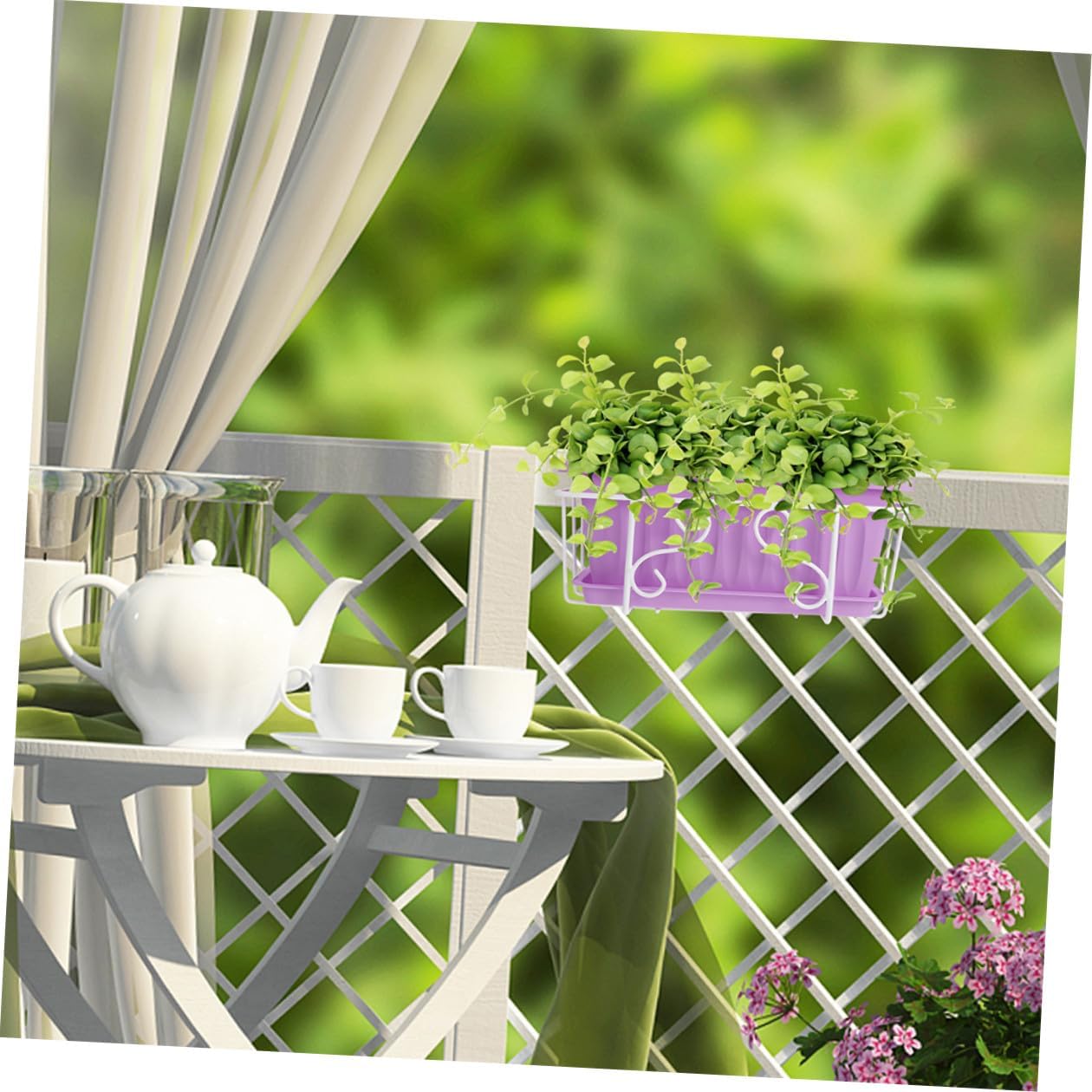 Large Rectangular Vegetable Planter Pot with White Metal Bracket and Saucer, Hanging Flower Pot for Outdoor Balcony Railing Gardening, Medium Purple Window Box Container