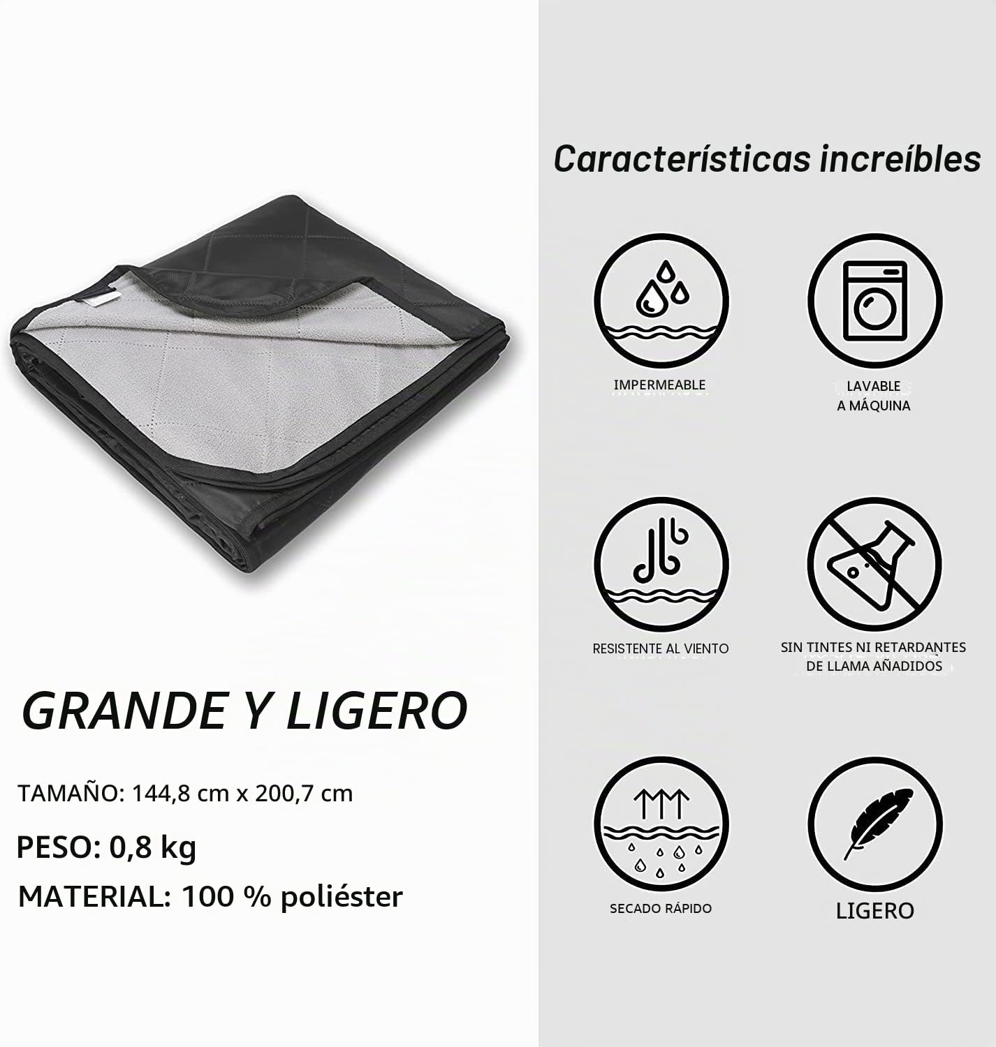 ACUSHLA Manta de Picnic Pequeña Ultraligera de Bolsillo, Manta de Camping Portátil, 200 x 145 cm, para Exteriores, picnics, Camping, Viajes, terraza y excursión Familiar (Gris)