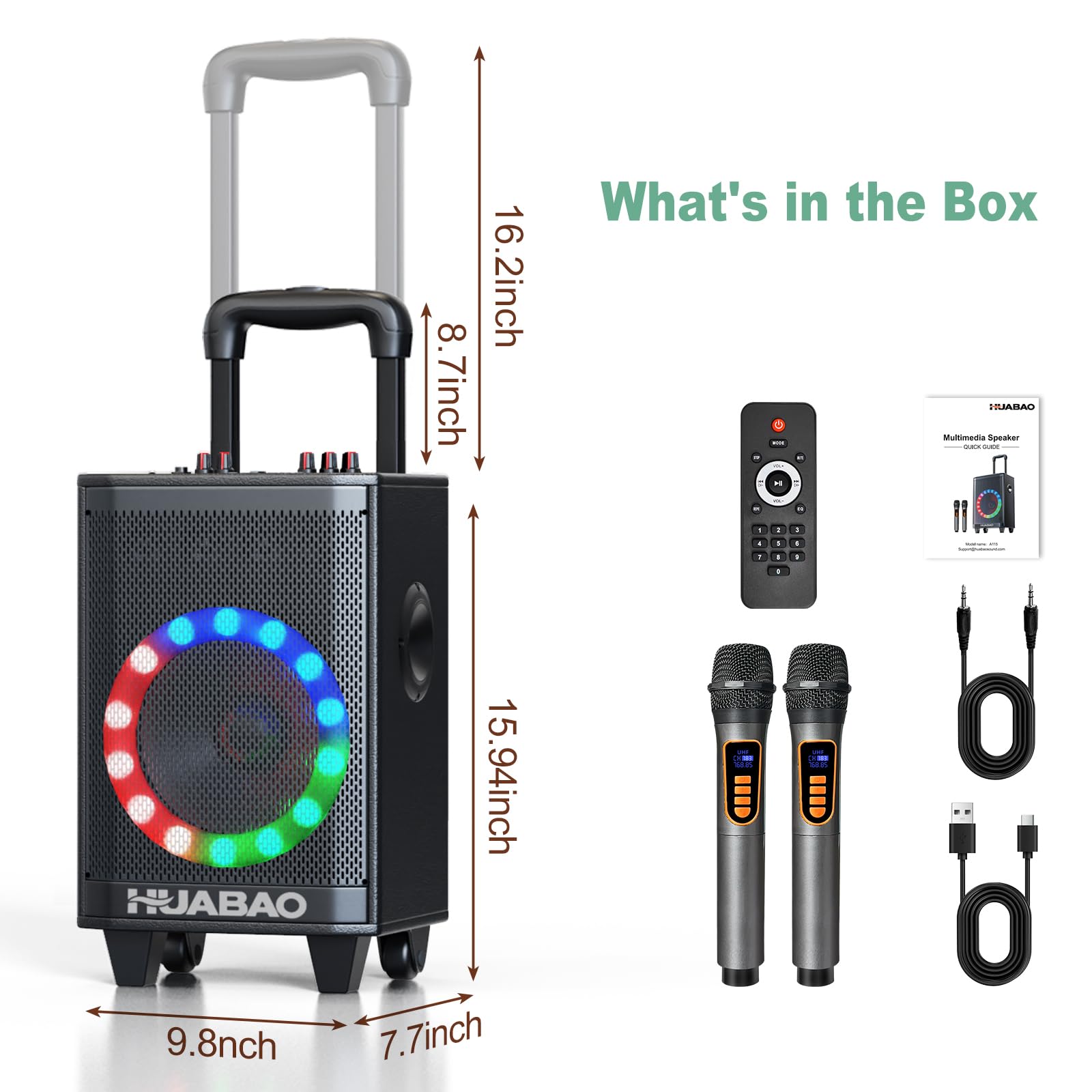 Tragbare Karaoke-Maschine mit 2 drahtlosen Mikrofonen, Bluetooth-Lautsprecher mit Beleuchtung und Trolley-Rädern, 6600-mAh-Akku-PA-System, FM/AUX/USB/TF, Fernbedienung, Bass-/Höhen-/Echo-Einstellung