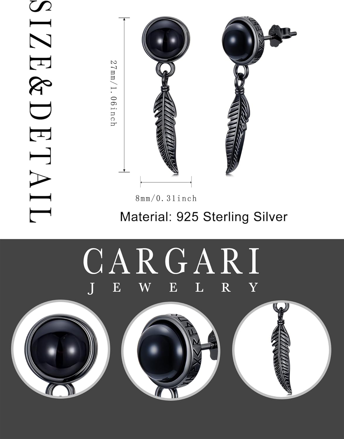 Black Dangle Drop Earrings 925 Sterling Silver Black Onyx Stud Earrings Viking Rune Jewelry Gift for Women Men - Image 2