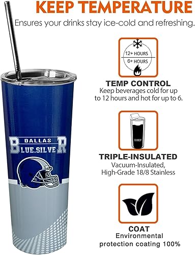 Miniatura 6 de Dallas Football City - Vaso de acero inoxidable de 20 onzas con tapa y pajilla, para los fanáticos del fútbol, para hombres y mujeres, regalo, vaso
