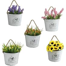 POHOVE 5 Pcs Metal Hanging Planter Basket, Outdoor Vintage Iron Flower Bucket Garden Hanging Flower Pot Bucket Rustic French Country Style Flower Holder, Fits Home, Garden, Patio, Deck