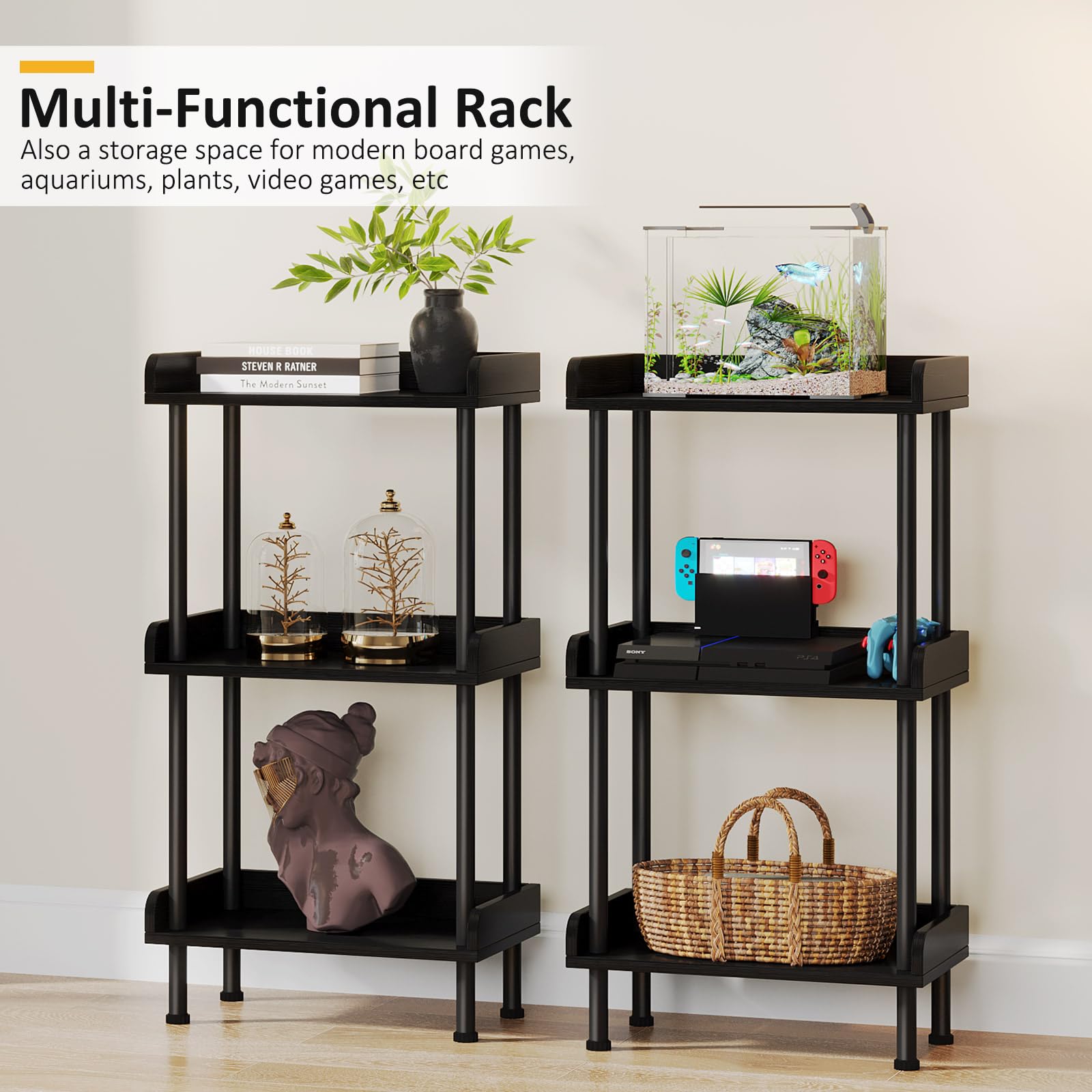 Hosfais Bookshelf Small Book Shelf - 3-Tier Wood Bookcase Industrial Bookshelf with Edge Protection Metal Standing Book Shelves Display Book Rack for Living Room Bedroom Home Office (Black)