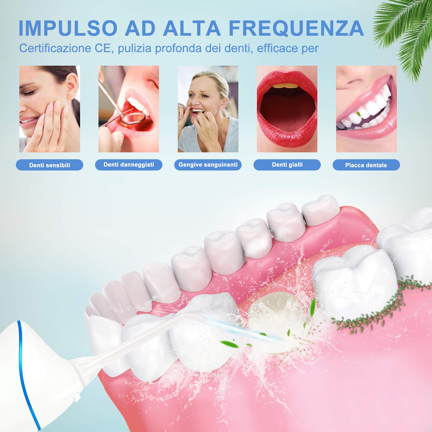 Idropulsore Dentale Portatile, Irrigatore Orale Professionale 4 Modalità e 5 Ugelli di Ricambio con rotazione di 360 °, Ricaricabile USB, IPX7 Impermeabile, Adatto a viaggio e a casa