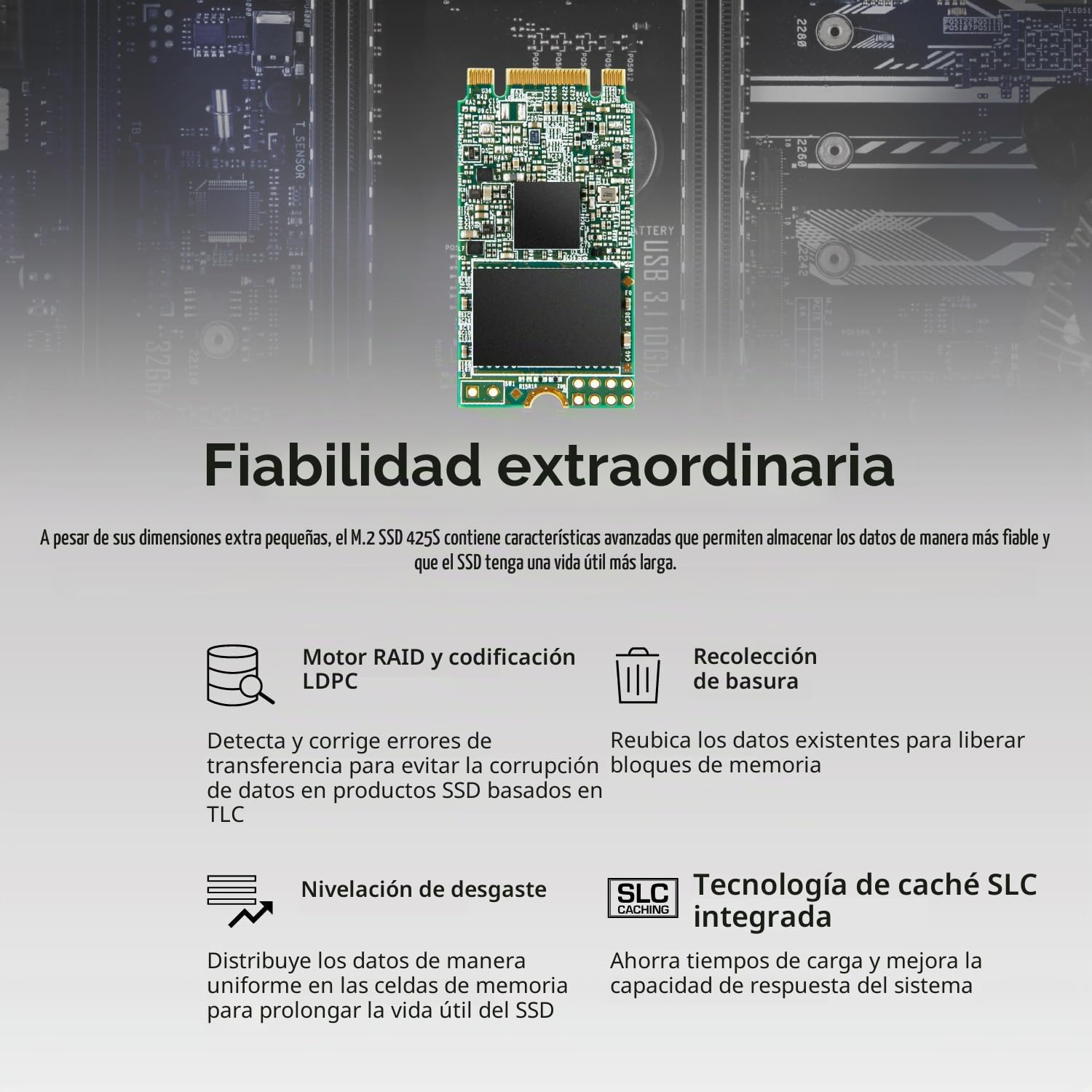 Transcend SSD 425S 250GB 42mm SATA III SSD Interno 3D NAND para Actualización de Portátil/Escritorio - TS250GMTS425S