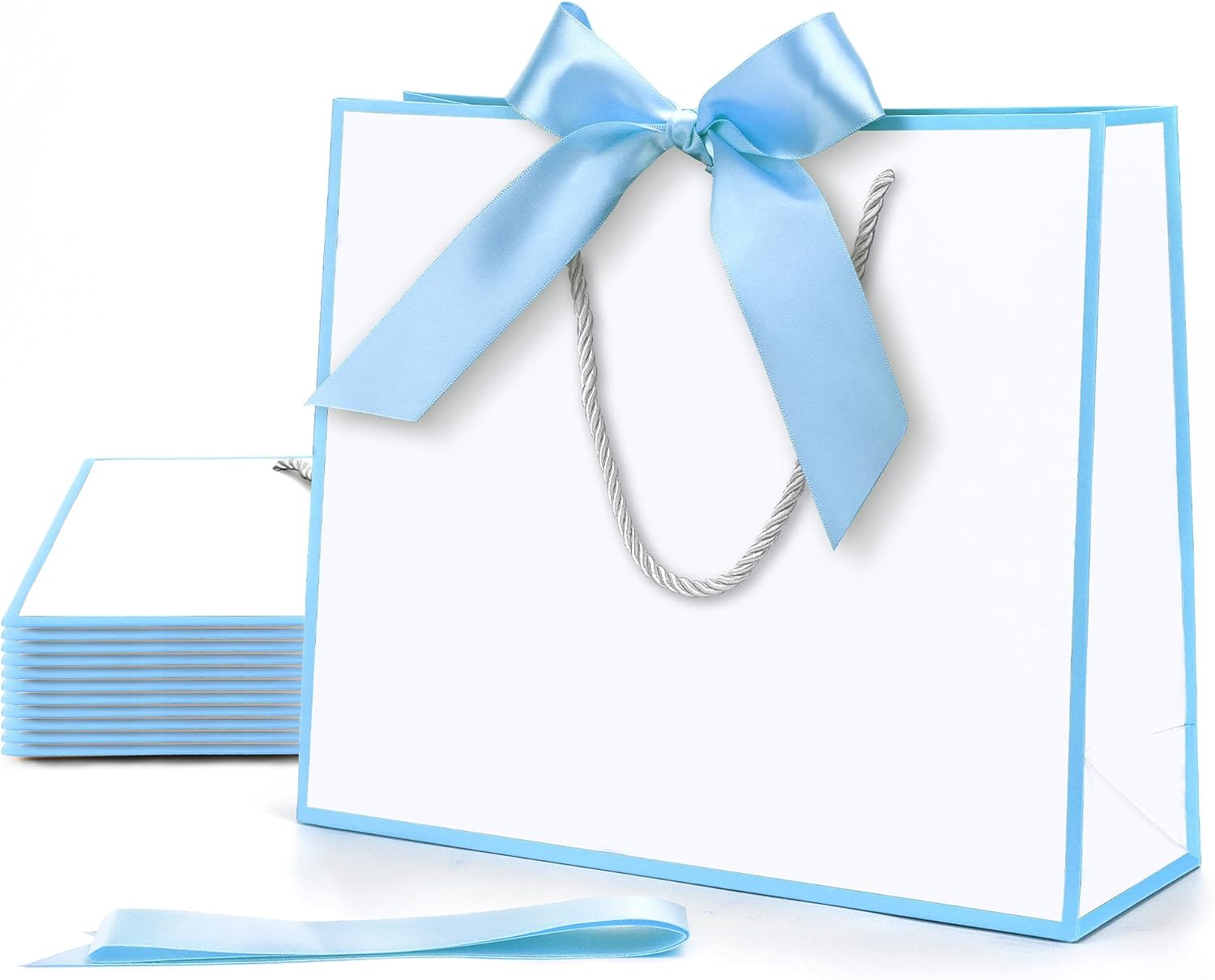 MOXARYSU Gift Bags With Handles: 11.8x4x10 Inch 3pcs Medium Large With Bow Ribbon For Wedding Thanks Bridesmaid Birthday Party (White-Light Blue