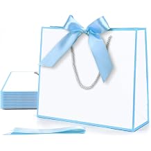 MOXARYSU Gift Bags With Handles 11.8x4x10 Inch 3pcs Medium Large With Bow Ribbon For Wedding Thanks Bridesmaid Birthday Party White-Light Blue