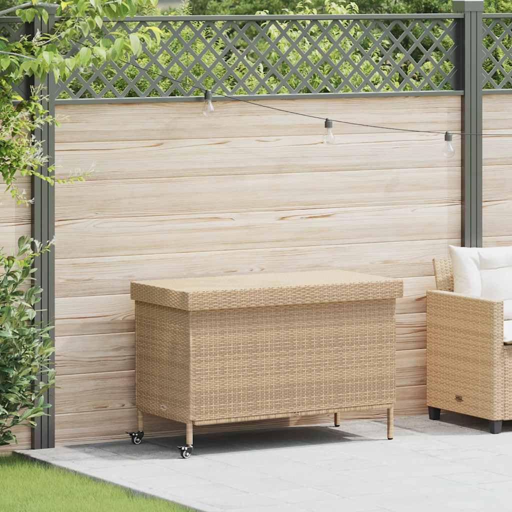 Skrzynia ogrodowa na kółkach, beżowa, 110 x 55 x 73 cm, polirattan, wodoodporna, do przechowywania, skrzynia ogrodowa, na taras, balkon