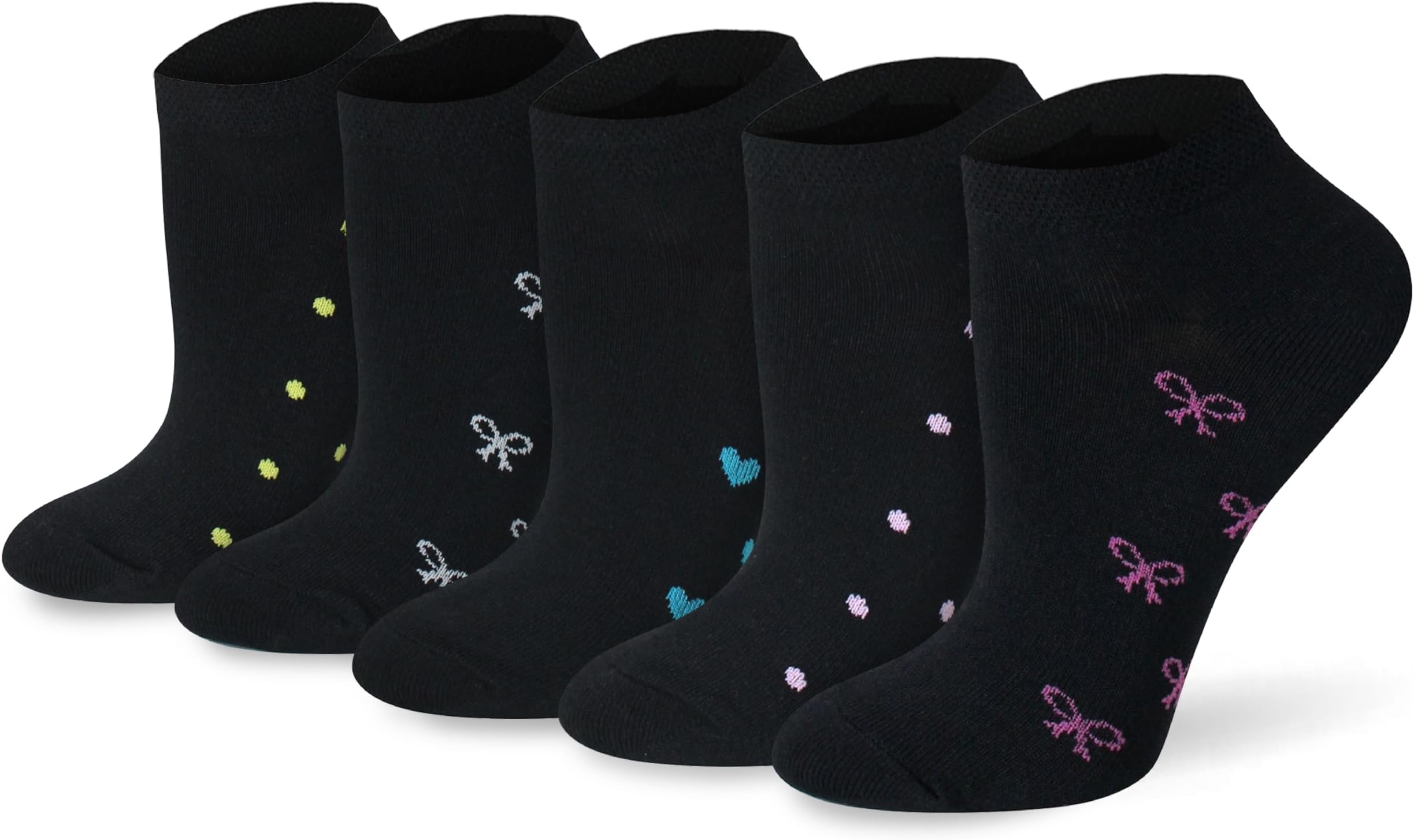 Ladies Trainer Socks 5-Pair Pack, Size UK 4-7, Multipack Black Women's Breathable Cotton Blend, Coloured Heel & Toe, Honeycomb Summer Trainer Liners - Secure Fit & Comfort - Gift for Her