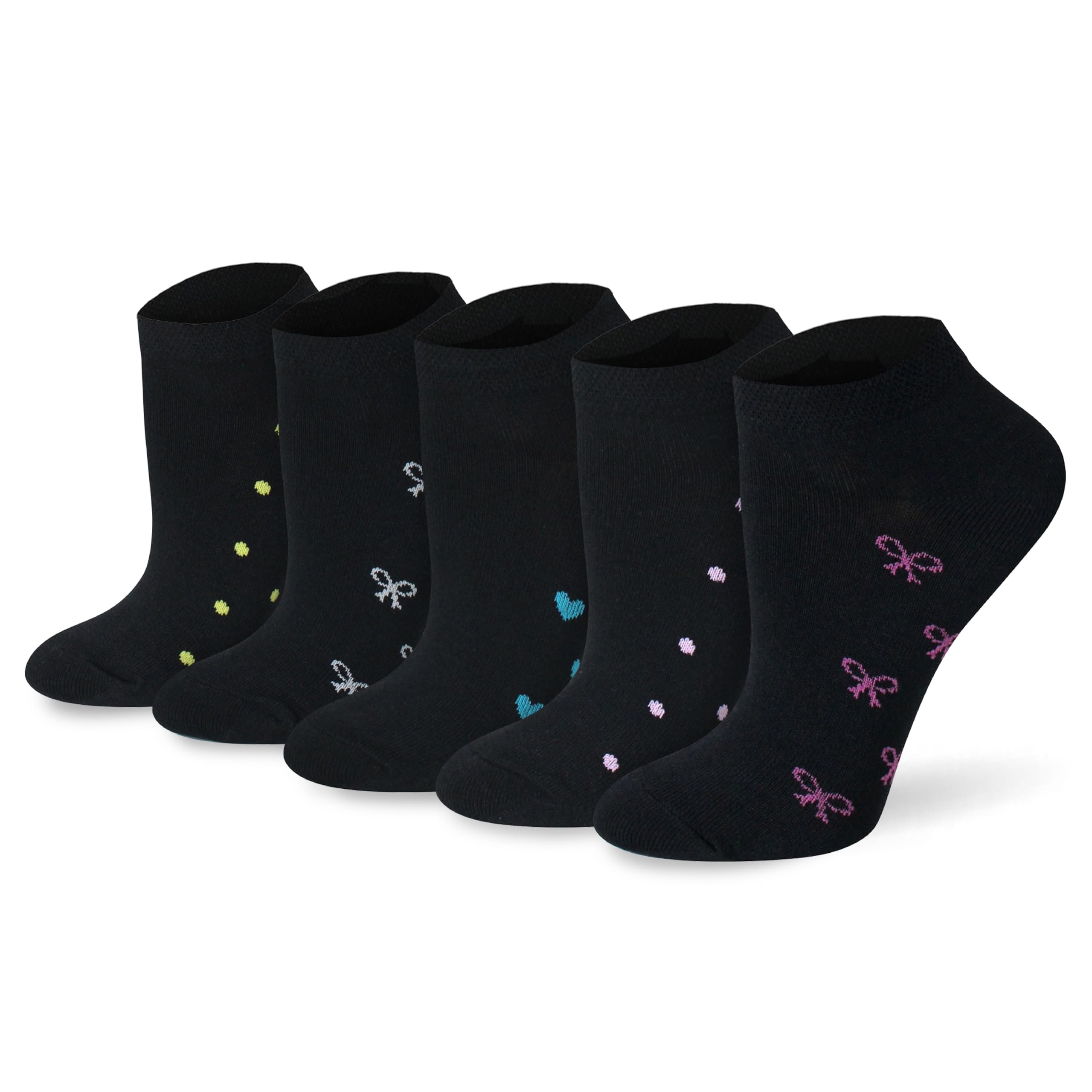 Ladies Trainer Socks 5-Pair Pack, Size UK 4-7, Multipack Black Women's Breathable Cotton Blend, Coloured Heel & Toe, Honeycomb Summer Trainer Liners - Secure Fit & Comfort - Gift for Her