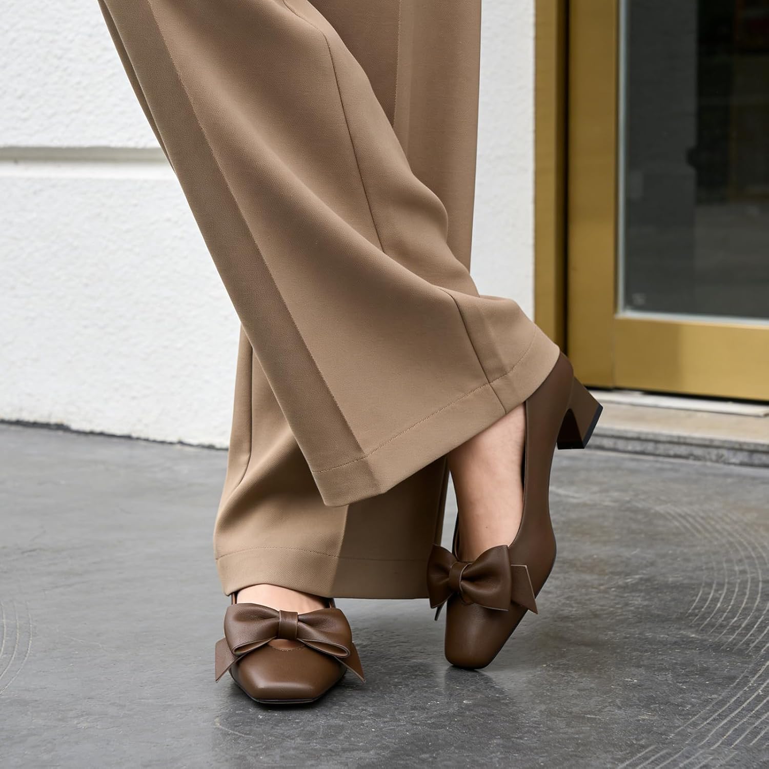 KUOARN Chunky Heels for Women Low Heel Pumps Square Closed Toe Bow Detail Dress Shoes, Comfortable Slip On Party Office Heels - Image 2