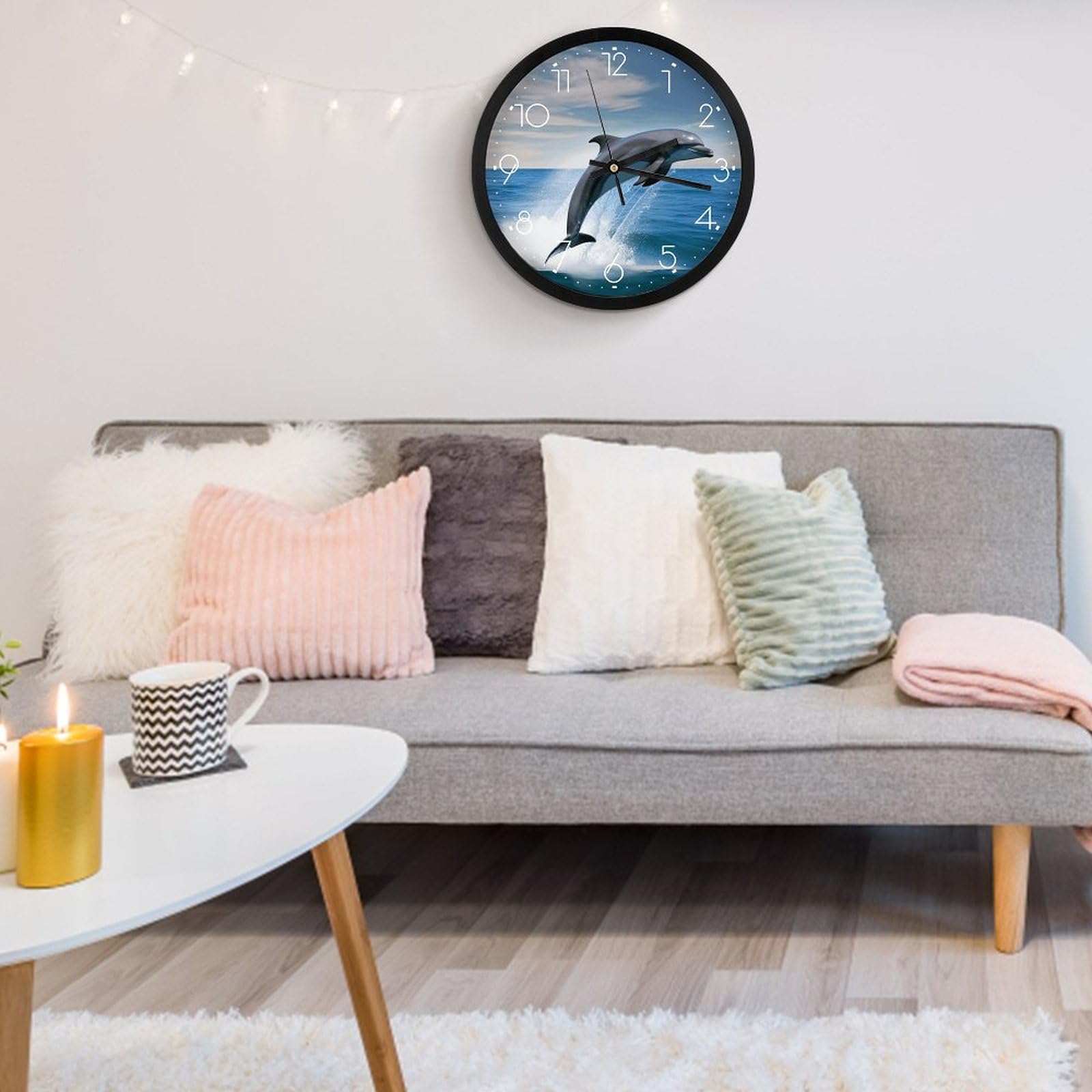 Springen Dolfijnen DIY Grote Wandklok Onderwater Zee Dier Ik Hou Van Dolfijnen Muur Art Stickers Decor Klok Frameloze Reuze Klok Goud 47 Inch (120cm