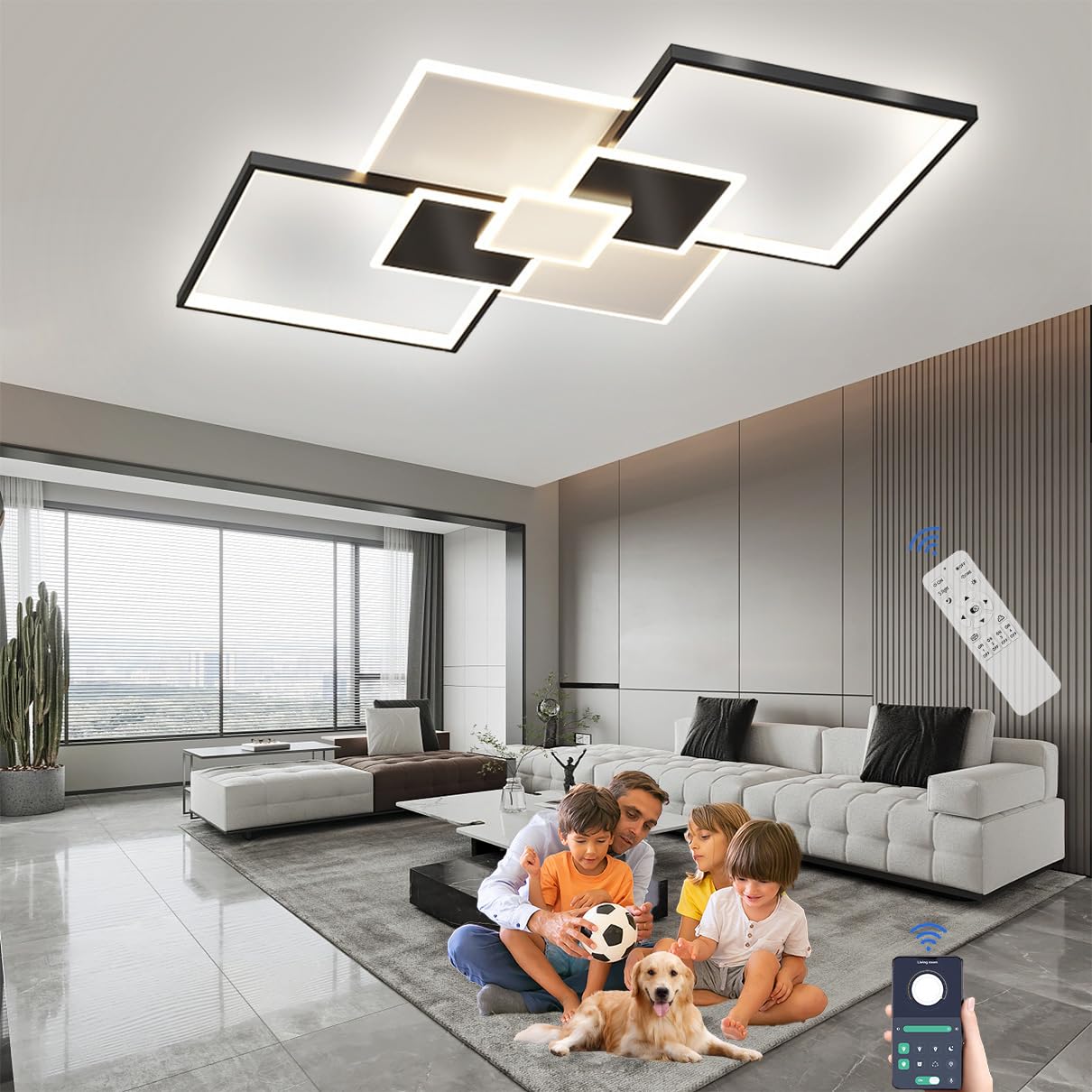 Lxysy LED Deckenlampe Wohnzimmer Ø110cm, Dimmbar Schwarz Wohnzimmerlampe Decke mit Fernbedienung, Deckenleuchte Wohnzimmer Modern Groß Klassische geometrische Form (Weiß + Schwarz, L 110CM)