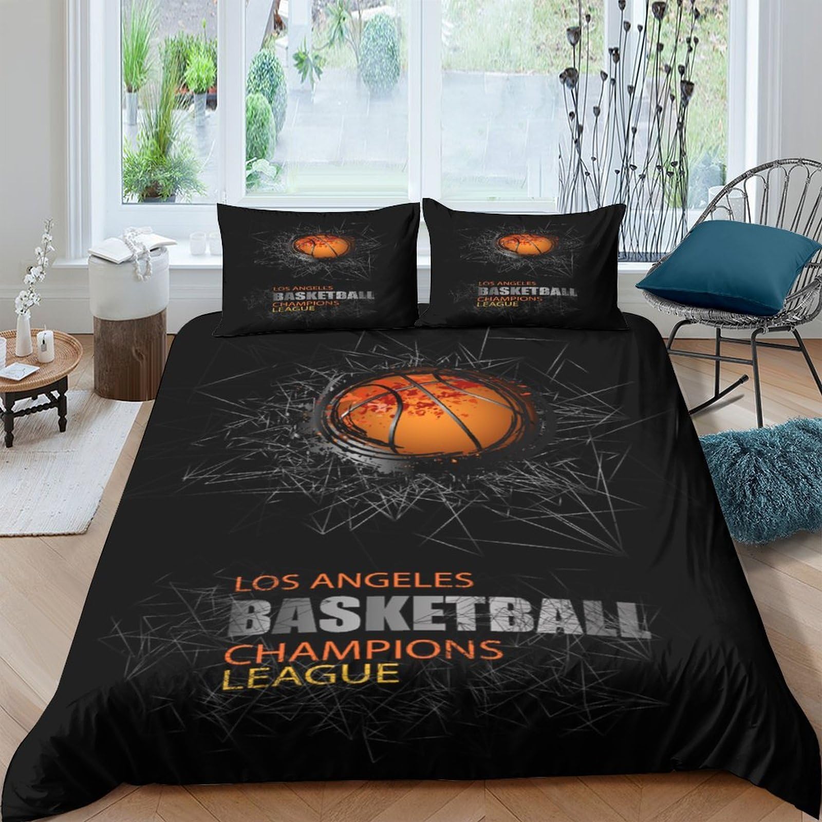 GPLZQXKJNH 3D Printed Basketball Duvet Cover Set Microfiber Soft Breathable Black Champions League Bedding with 2 Pillowcases for Bedroom Decor, Single（135x200cm）